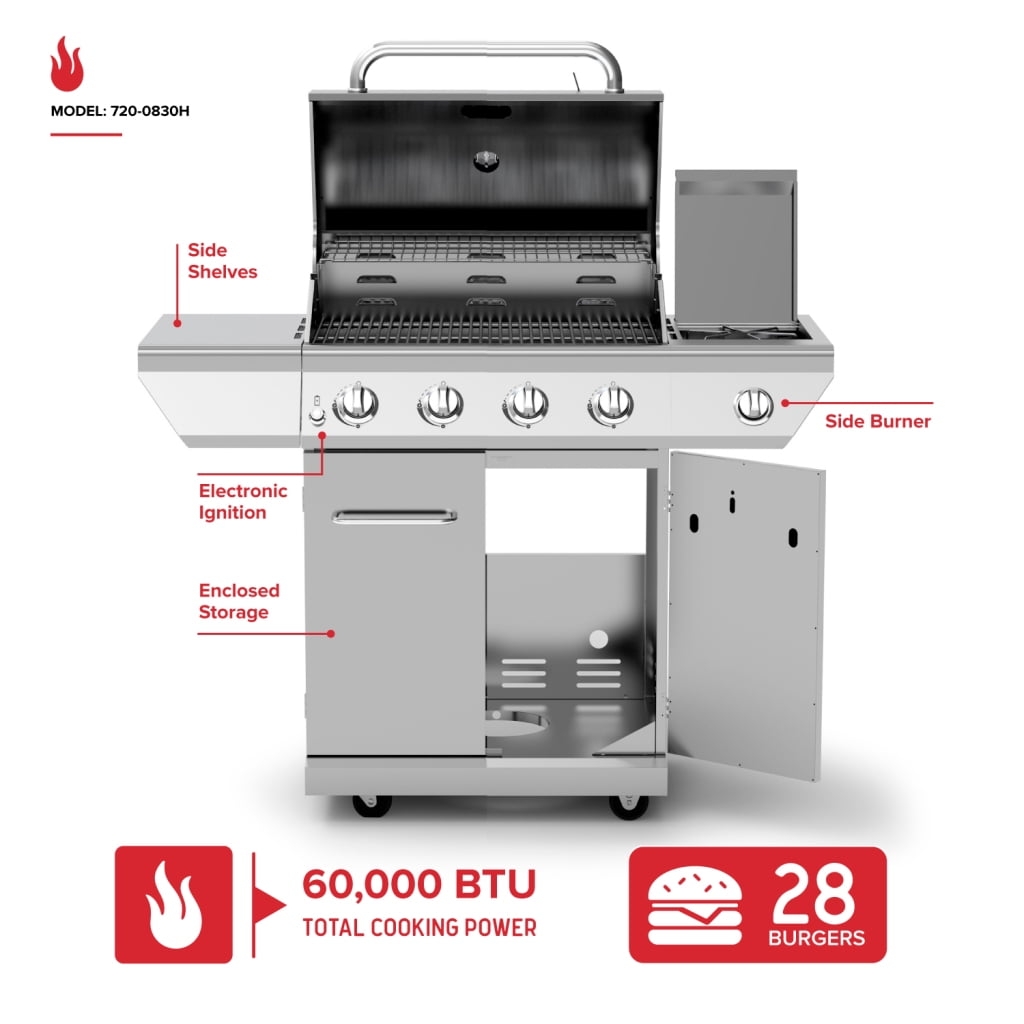 Nexgrill 4-Burner Propane Gas Grill with Side Burner, Stainless Steel Frame, 626 SQ In Total Cooking Space, 60,000 BTUs Output, BBQ Grill Perfect for Outdoor Gatherings - 720-0830H Gas Grills