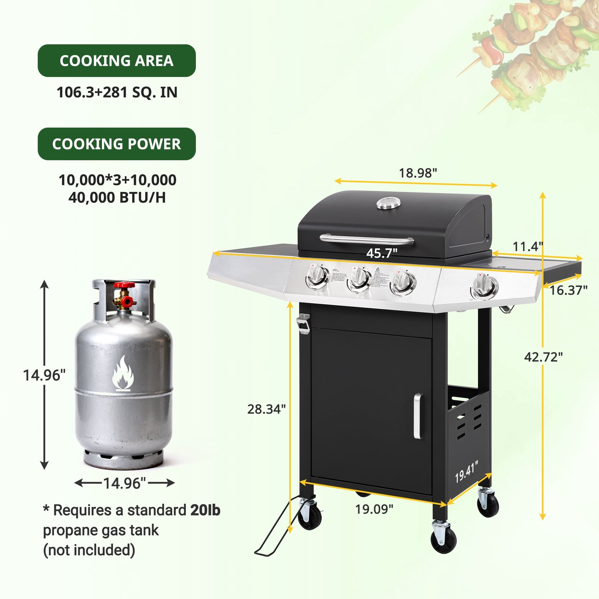 BBQ Grill, Seizeen Gas Grill with Side Burner, 40,000BTU 3-Burner Propane Grill w/Storage Cabinet, Steel Brush, Stainless Steel Camping for Backyard Patio, Portable Design on Wheels Gas Grills