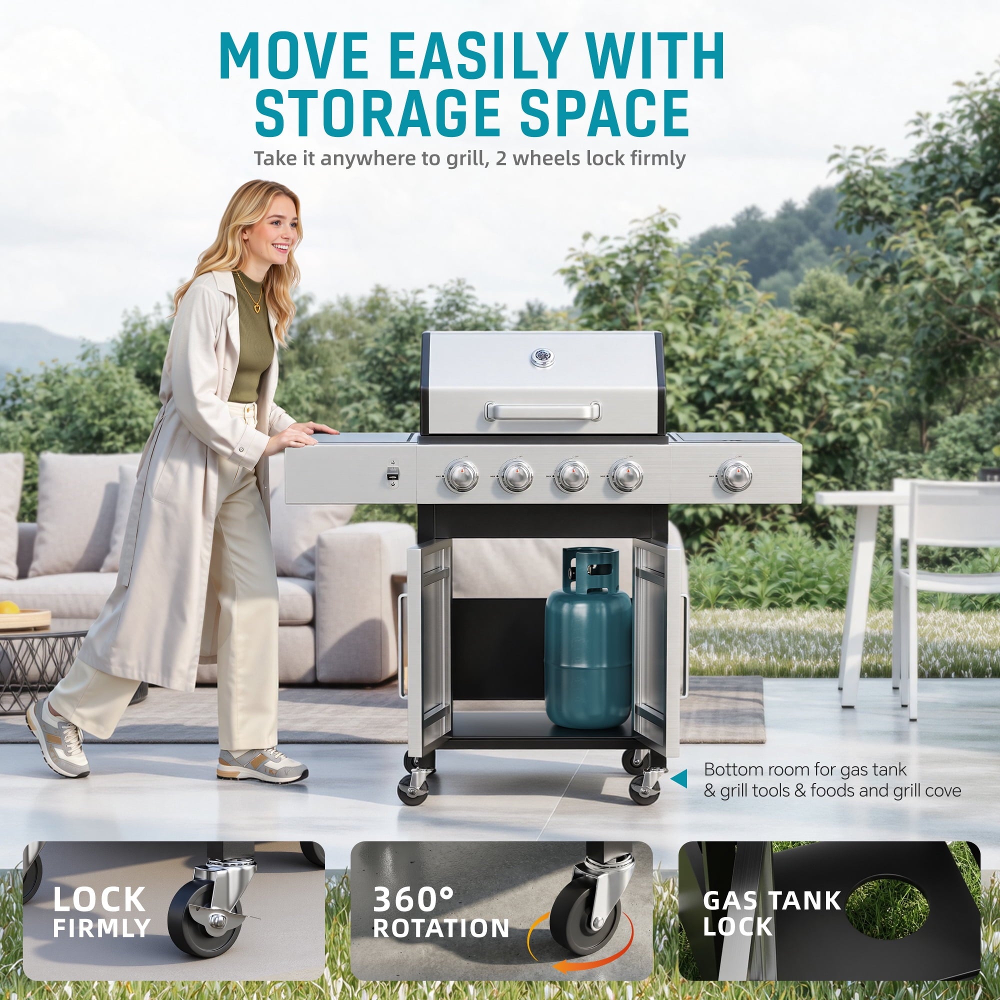 Biotree 4 Burner Gas Grill with Side Burner, 50800 BTU Barbecue Grill Propane Stainless Steel BBQ Grill with Porcelain-Enameled Cast Iron Grates for Outdoor Cooking Gas Grills
