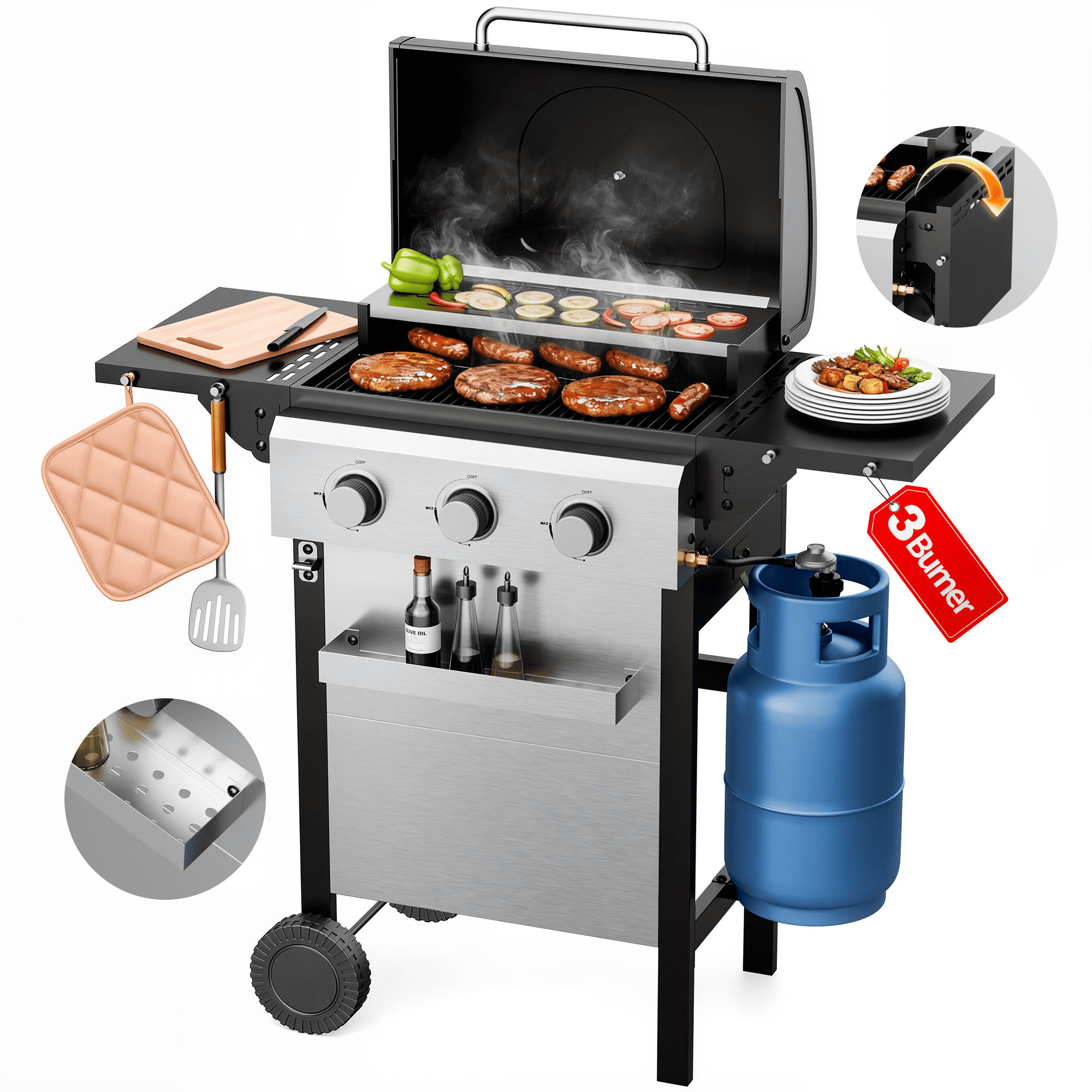 Biotree 3 Burner BBQ Propane Gas Grill, Stainless Steel 28,650 BTU Patio Garden Barbecue Grill with Two Foldable Shelves Gas Grills