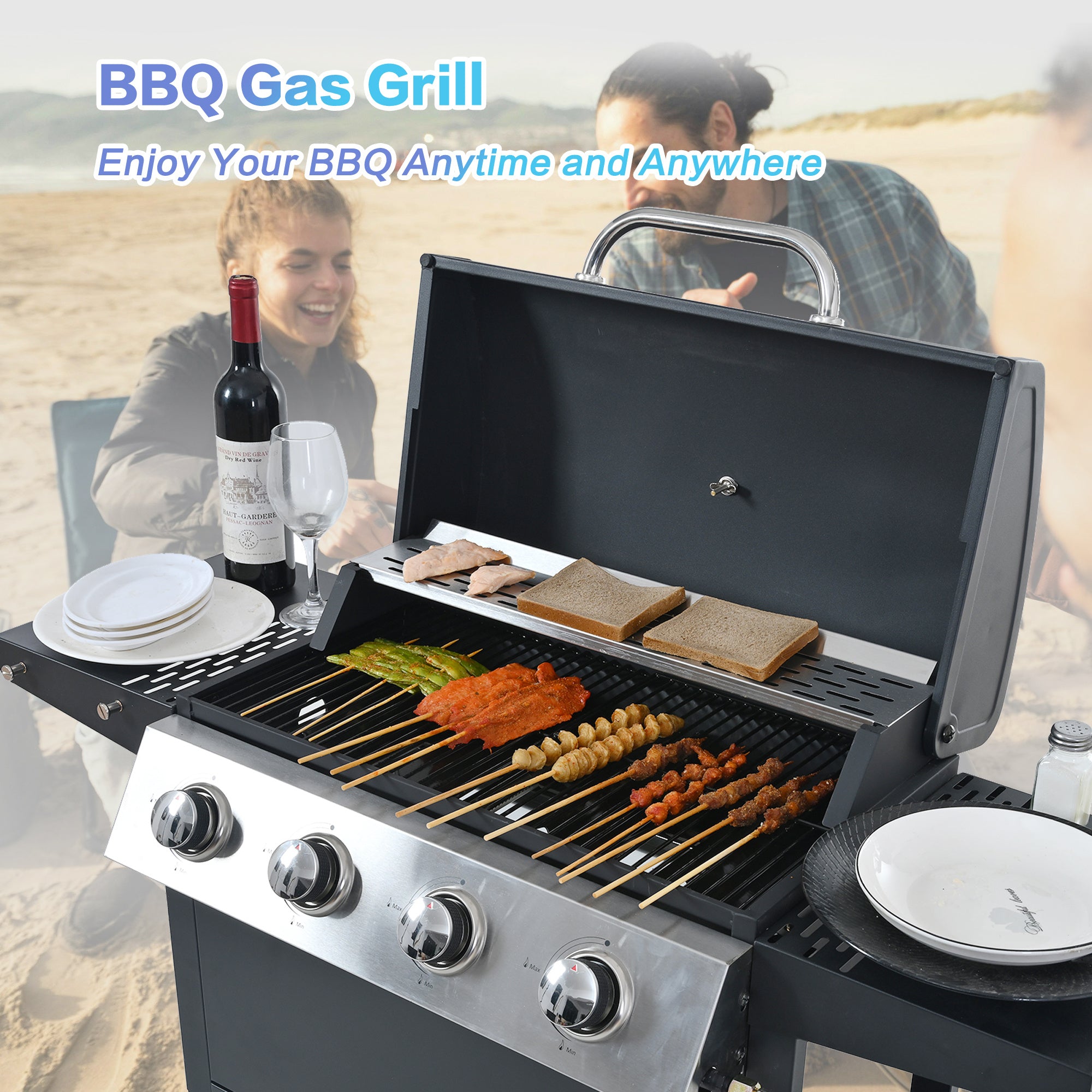 Minyam 4-Burner Propane Gas Grill with Side Shelves and Wheels, Stainless Steel Gas Grills