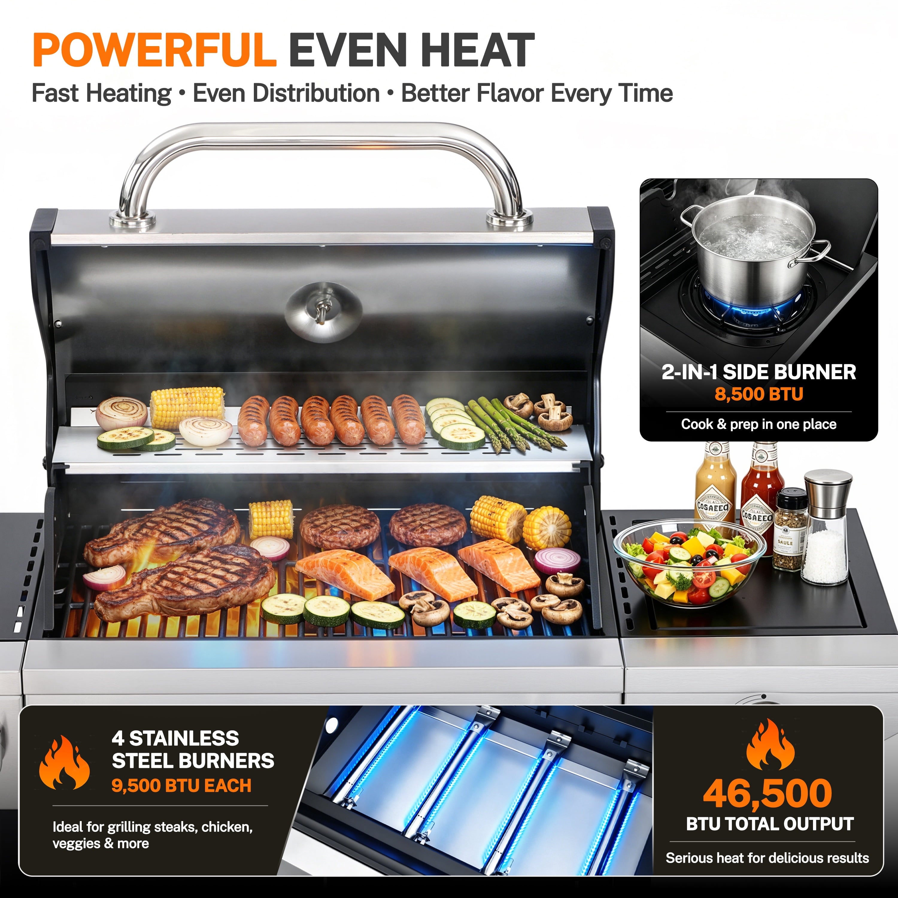SEGMART 4 Burner Propane Gas Grill with Side Burner, 46,500 BTU Outdoor Cooking BBQ Grill with Porcelain-Enameled Cast Iron Grates, Equipped with Temperature, Tool Hooks, and Bottle Opener Gas Grills