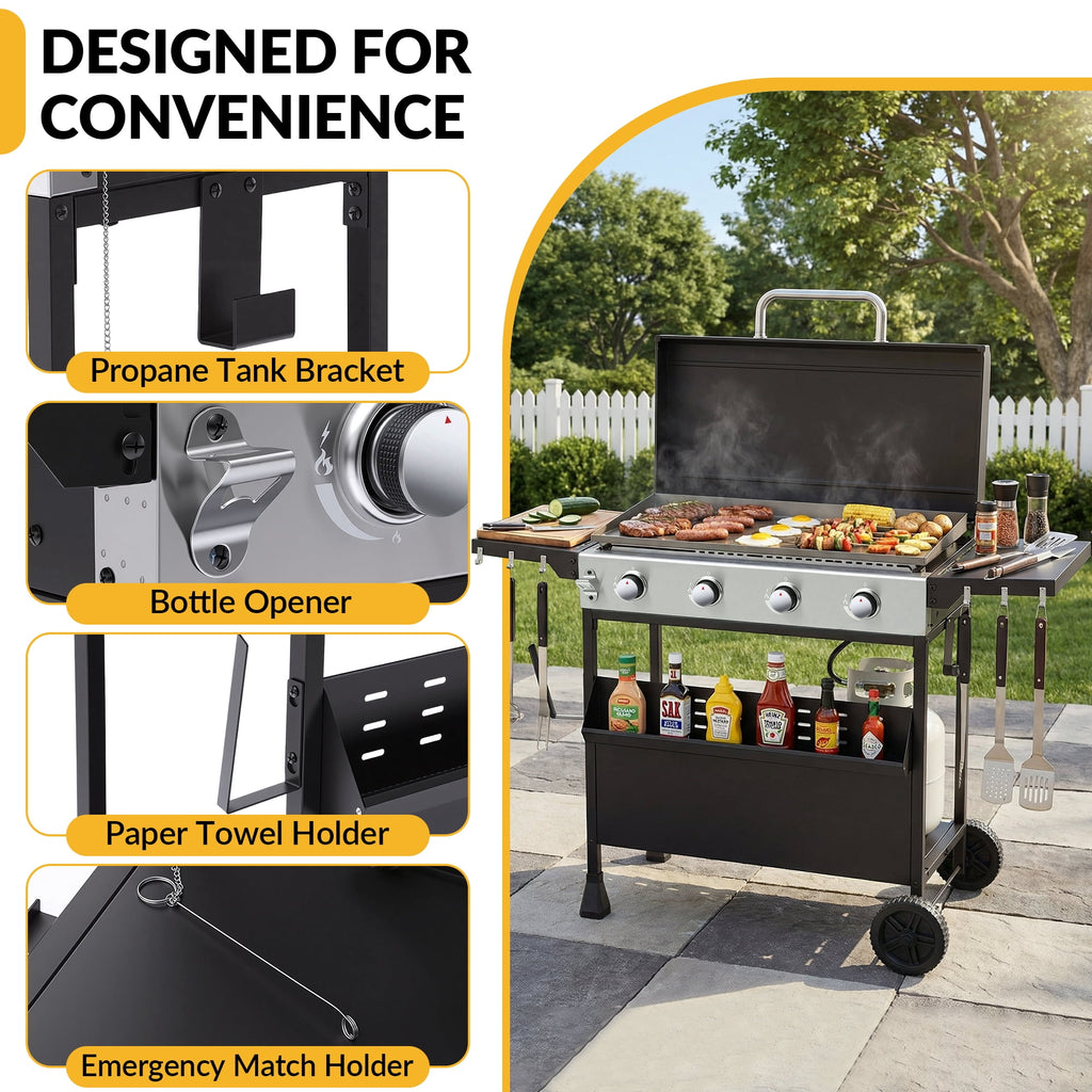Magic Union 4-Burner Heavy Duty Rolling Flat Top Propane Gas Griddle, Portable Griddle on Cart with Hood & Foldable Side Shelves, 32000 BTU 455 sq.in, for Outdoor Cooking, Camping & Tailgating Gas Grills