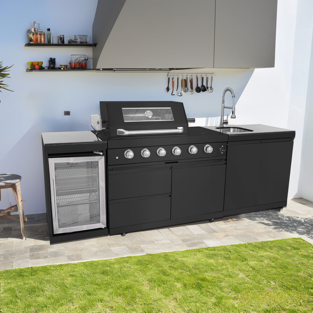 AirWire 104 Deluxe Outdoor Kitchen Island: 4-Burner 85,000 BTU 304 Stainless Steel Gas Grill with Sink, Wine Cooler Refrigerator, Granite Countertop & Rotisserie Kit HomeMindful