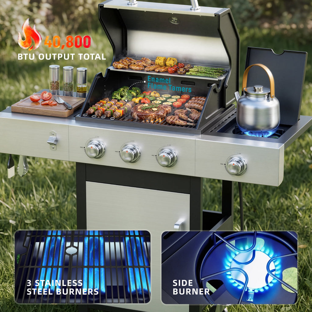 Biotree 3 Burner Gas Grill with Side Burner,40800 BTU Barbecue Grill Propane Stainless Steel BBQ Grill with Porcelain-Enameled Cast Iron Grates for Outdoor Cooking Gas Grills