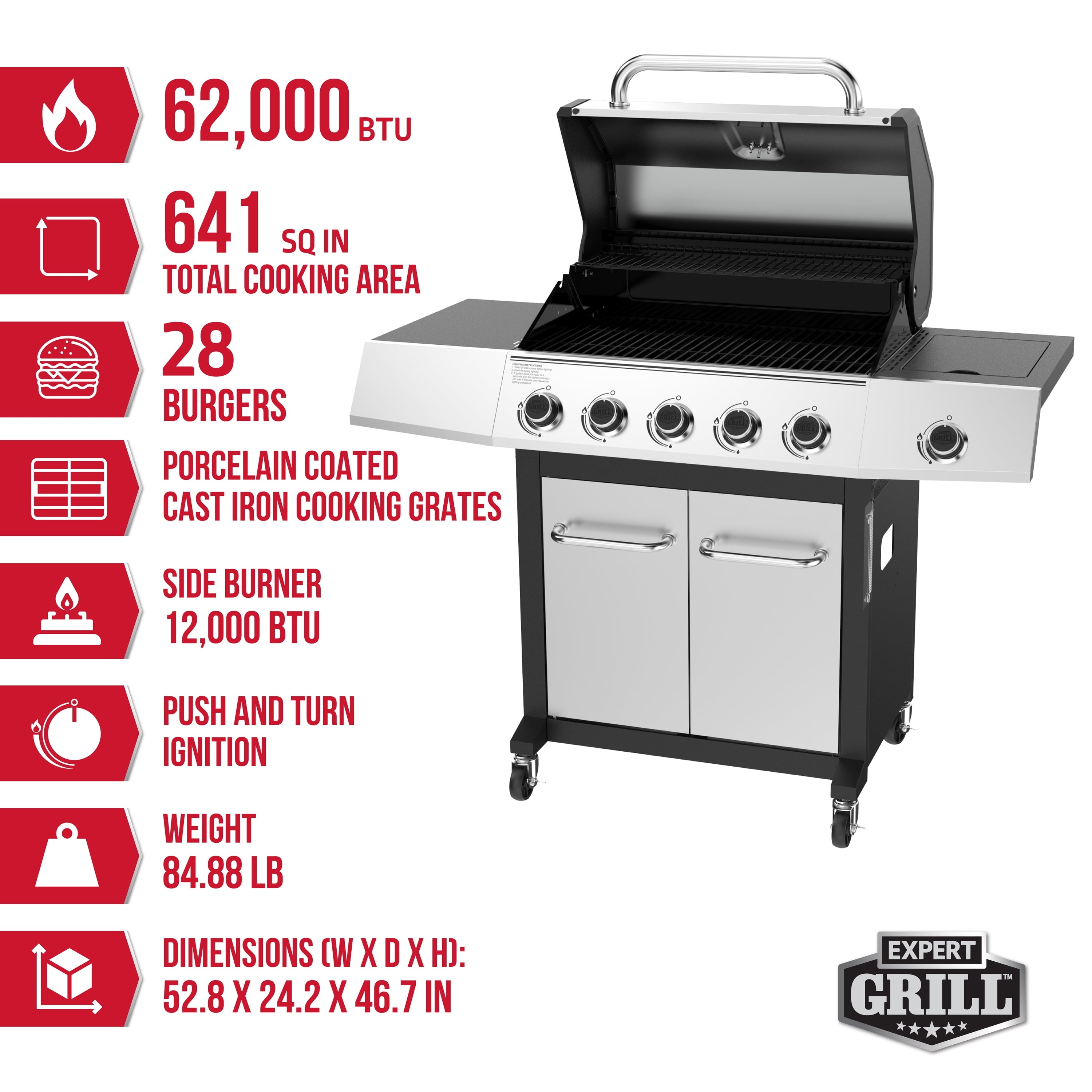 Expert Grill 5-Burner Propane Gas Grill with Side Burner, and Side Table, Stainless Steel Expert Grill