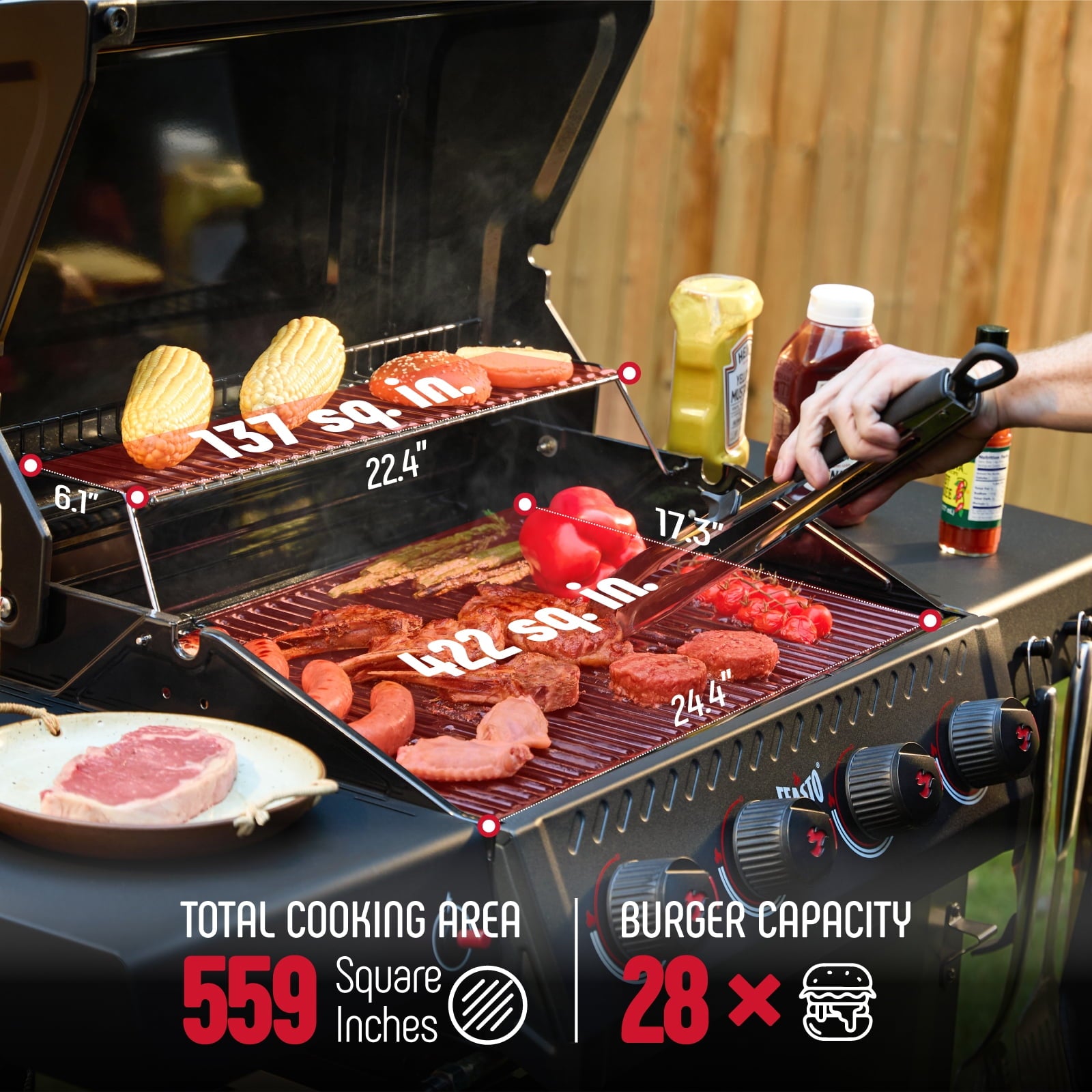 Feasto 4-Burner Propane Gas Grill, Outdoor Grill with 2 Side Tables and Porcelain-Enameled Grates, Black Gas Grills
