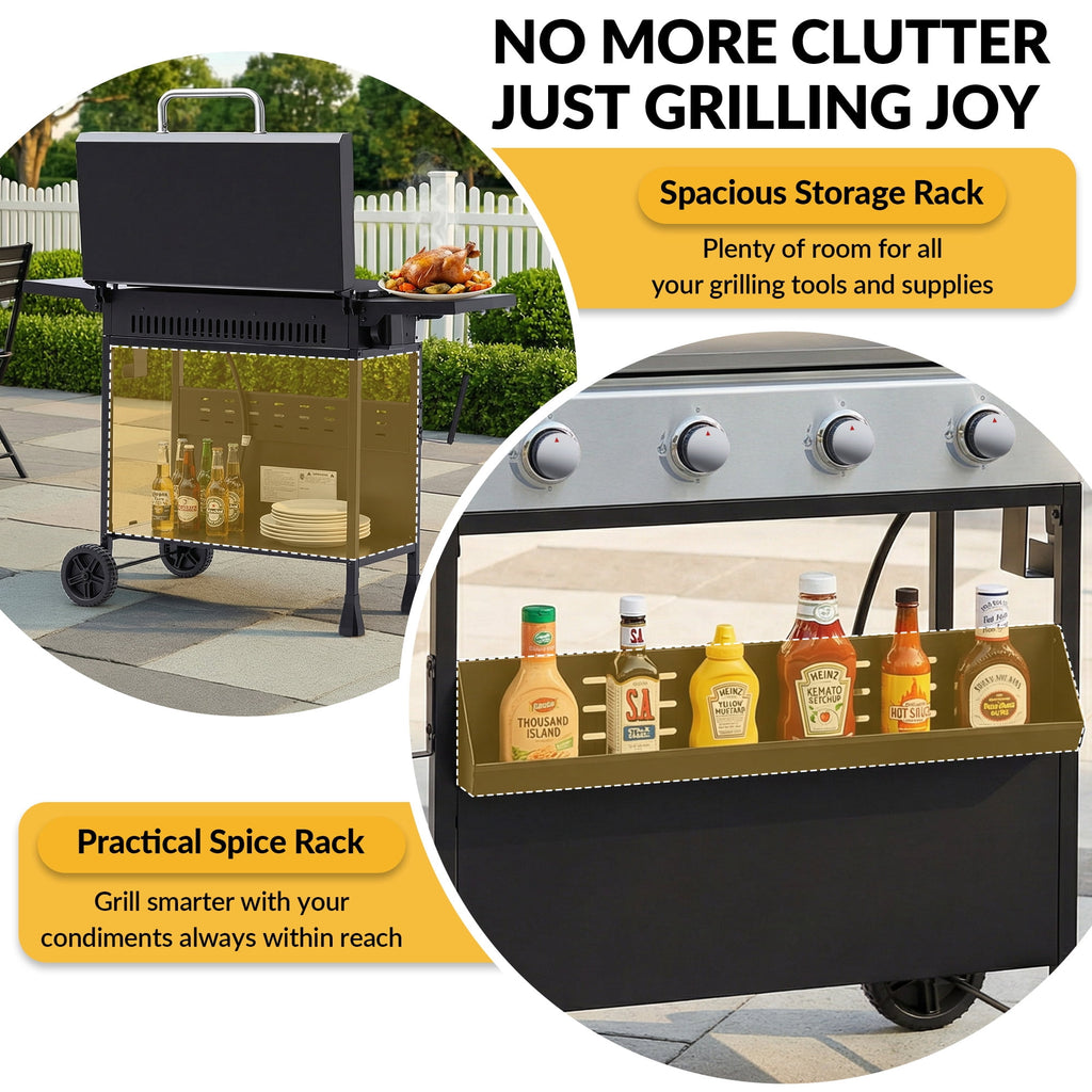 Magic Union 4-Burner Heavy Duty Rolling Flat Top Propane Gas Griddle, Portable Griddle on Cart with Hood & Foldable Side Shelves, 32000 BTU 455 sq.in, for Outdoor Cooking, Camping & Tailgating Gas Grills
