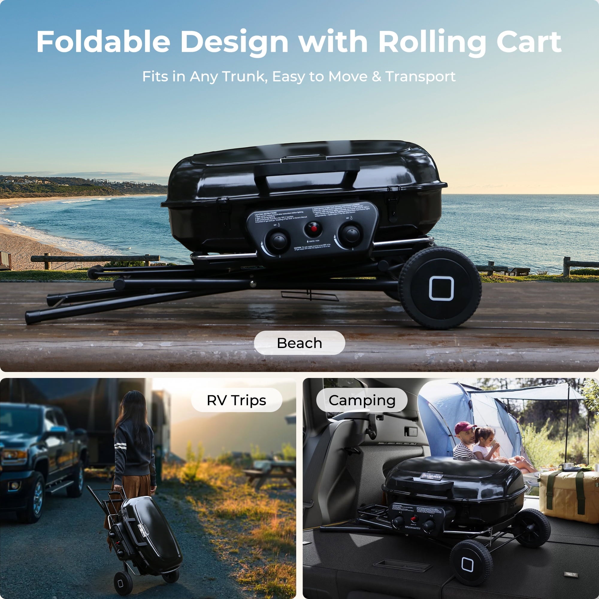 2 Burner Propane Gas Grill with Dual Cooking Surfaces, Porcelain Grate & Extra Griddle, Push-Button Ignition, Foldable Portable BBQ with Wheels for Backyard Patio Camping Gas Grills