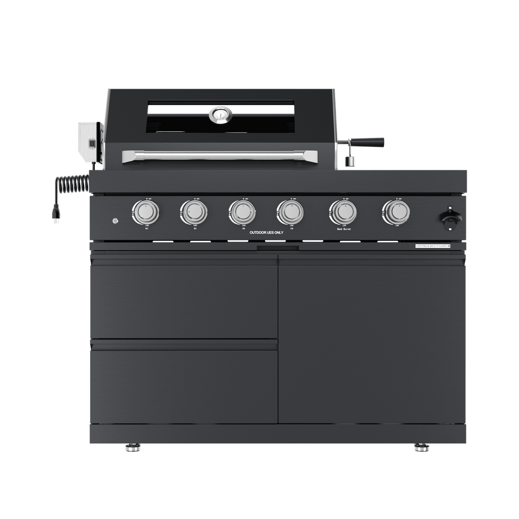 110-Inch 4-Burner 72000 BTU Deluxe Stainless Steel Propane Gas Outdoor Kitchen Bar Barbecue Island Grill Wine Cooler Compact+Refrigerator+Rotisserie+Granite Countertops+Storage Cabinets & Drawers HomeMindful