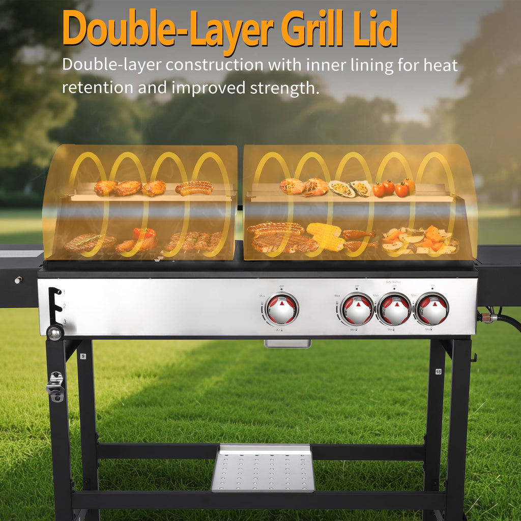3 Burner Gas & Charcoal Combo Grill with Side Burner, Outdoor BBQ Propane Grill, 673 Sq. In. Cast Iron Grates & Reversible Griddle, 37200 BTU Stainless Steel Lid for Backyard Cooking Nice Cooker
