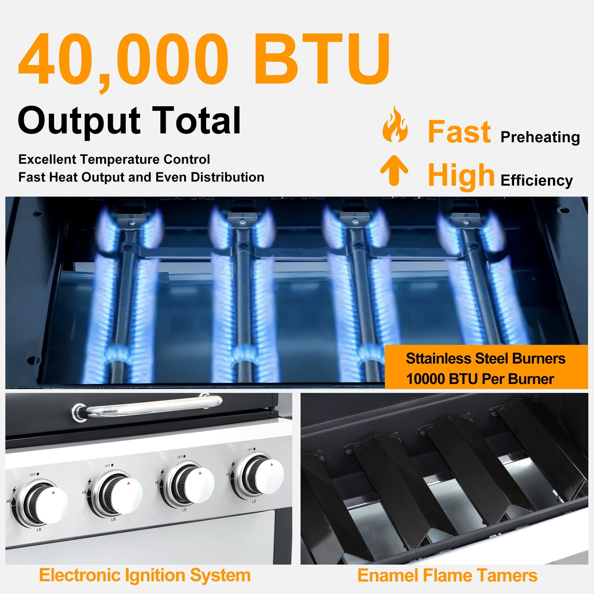 4-Burner Propane Gas Grill – 40,000 BTU Stainless Steel BBQ Grill with Porcelain-Enameled Cooking Grates, Pull-Out Grease Tray & Foldable Side Shelves, Even Heat Distribution Born Free