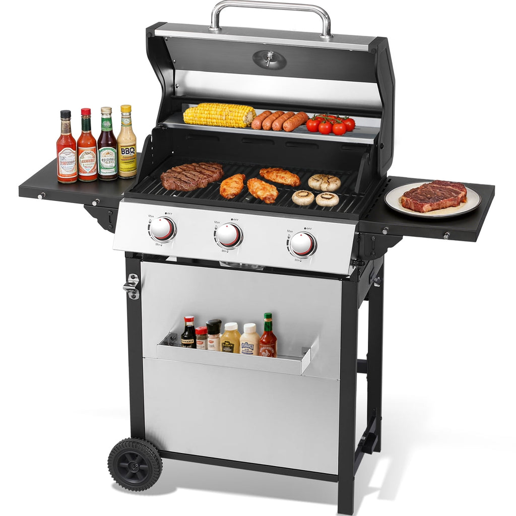 3-Burner Propane Gas Grill with 30,000 BTU Output - Double-layer Stainless Steel Grill Lid, Enamel Cooking Grate, Easy-Clean Grease Management & Even Heat Distribution for Perfect BBQs Born Free