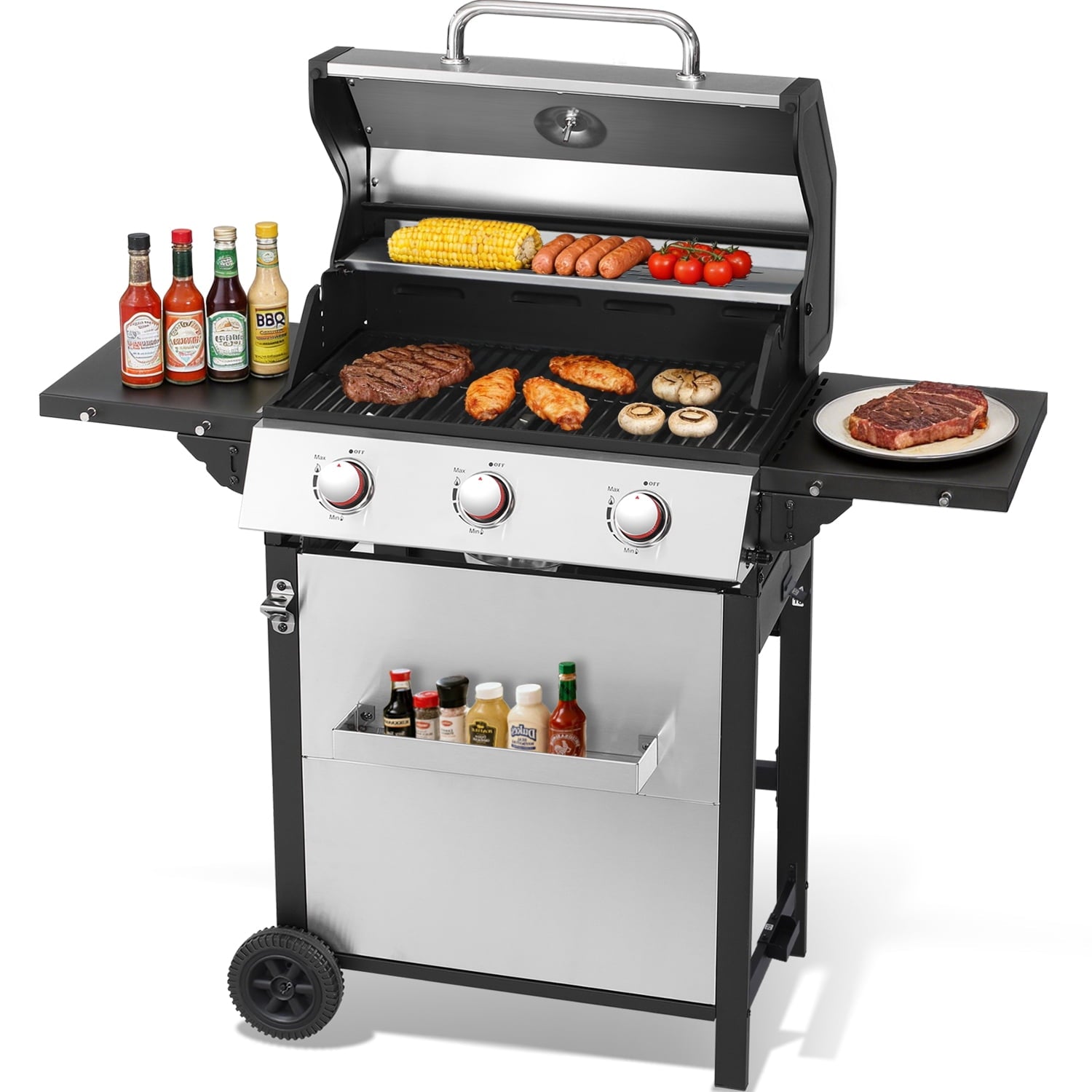 3-Burner Propane Gas Grill with 30,000 BTU Output - Double-layer Stainless Steel Grill Lid, Enamel Cooking Grate, Easy-Clean Grease Management & Even Heat Distribution for Perfect BBQs Born Free