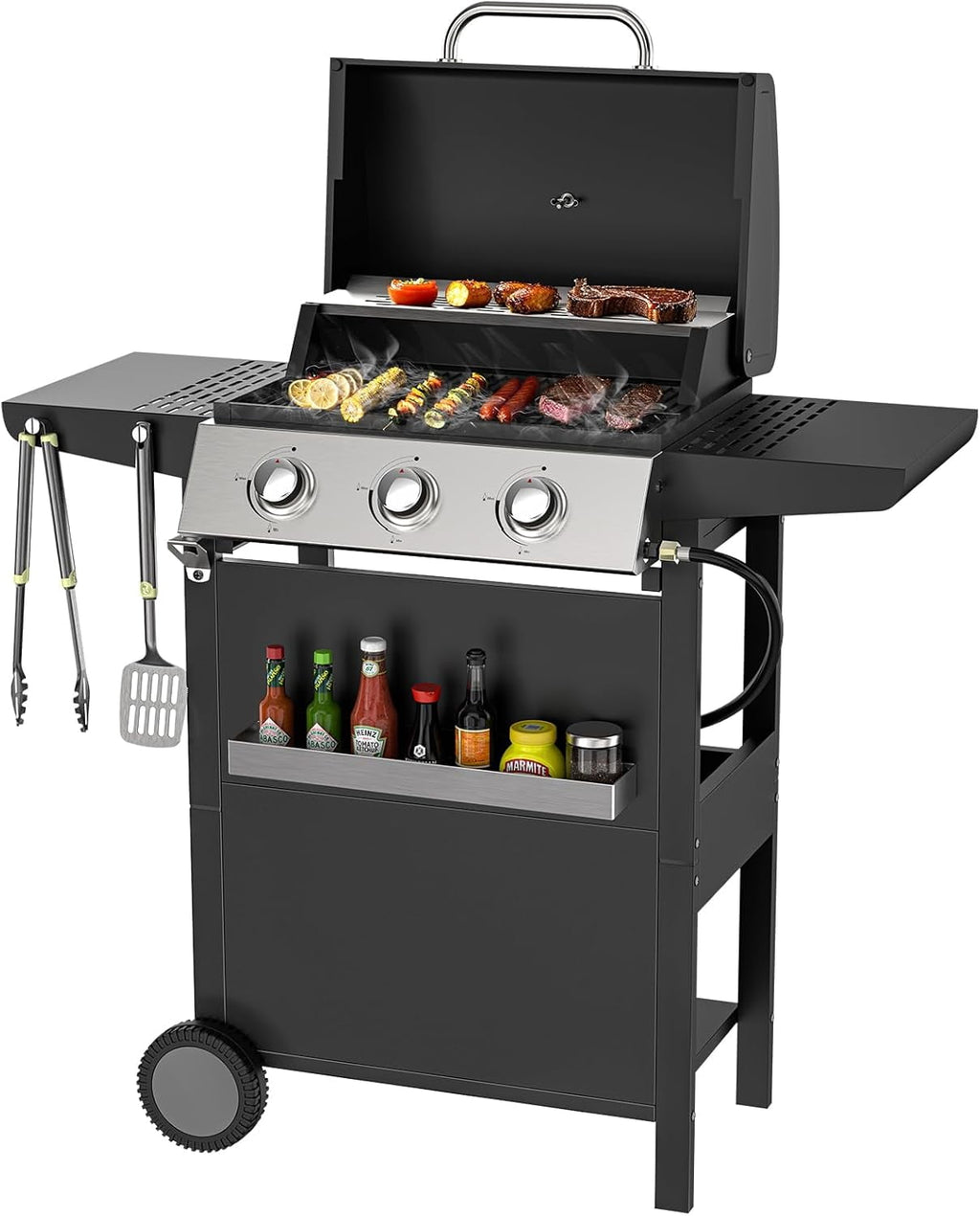 3 Burner Propane Gas Grill, Stainless Steel 36,000 BTU BBQ Grill, Built-in Lid Thermometer, Ideal for Patio Camping Backyard TPUFO