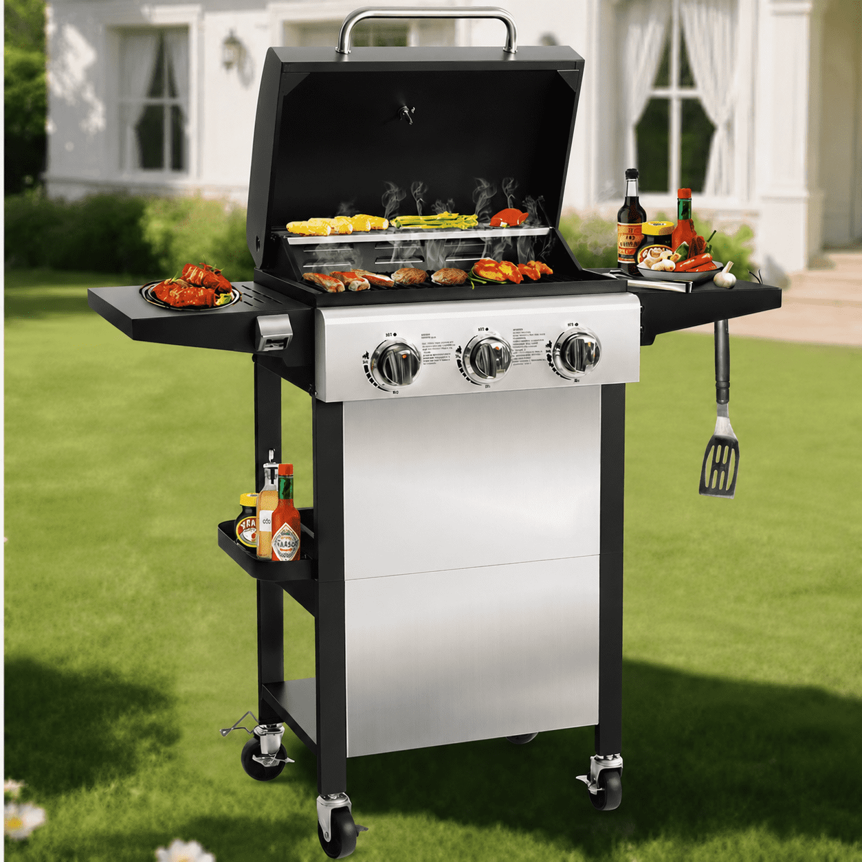 Enyopro 3-Burner Propane Gas Grill, 30000 BTU BBQ Grill with Foldable Side Table, Stainless Steel Warming Rack, Hooks, and Built-In Bottle Opener for Outdoor Barbecue Gas Grills