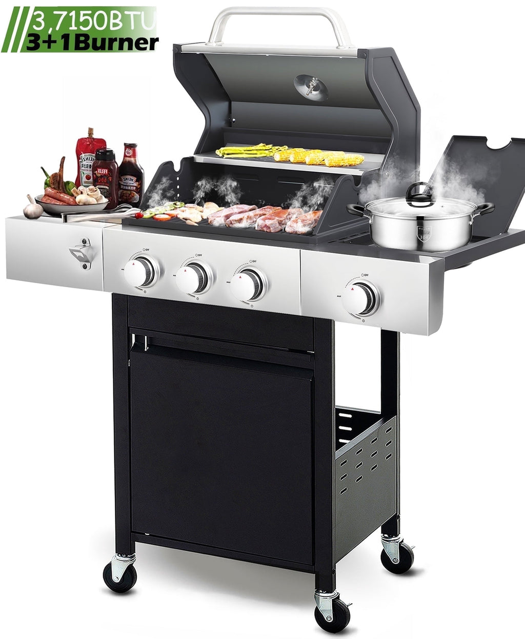 Seizeen Propane Gas Grill, 3 Burners BBQ Grill with Side Burner, Outdoor Camping Grill 430 Stainless Steel, 37150BTU, One-button Ignition System, Thermometer, 4 Wheels Gas Grills