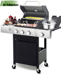 Seizeen Propane Gas Grill, 3 Burners BBQ Grill with Side Burner, Outdoor Camping Grill 430 Stainless Steel, 37150BTU, One-button Ignition System, Thermometer, 4 Wheels Gas Grills
