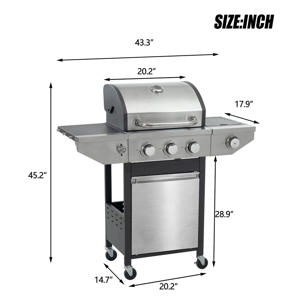 Holaki 3-Burner Propane Gas Grill with Side Burner, Stainless Steel, 37,000 BTU, Thermometer, Outdoor Bbq Grill Gas Grills