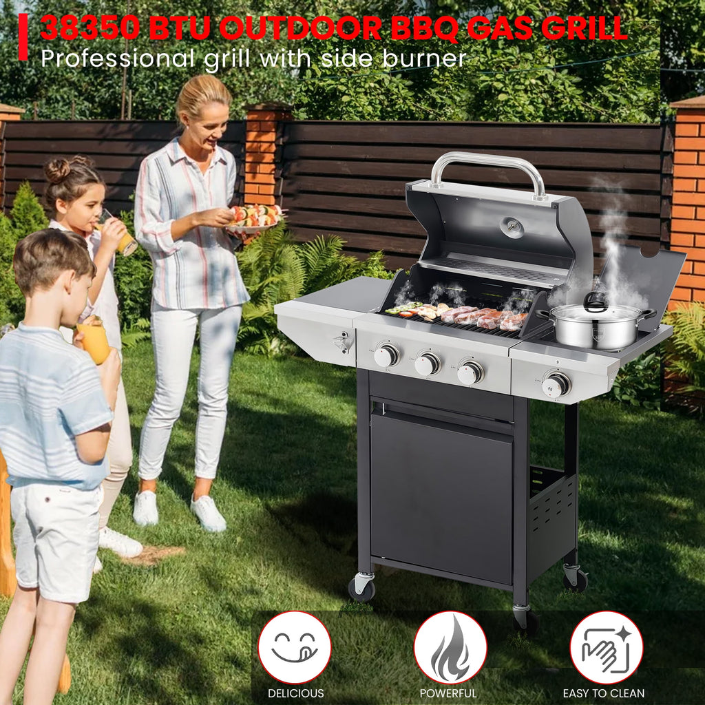 Seizeen Propane Gas Grill, 3 Burners BBQ Grill with Side Burner, Outdoor Camping Grill 430 Stainless Steel, 37150BTU, One-button Ignition System, Thermometer, 4 Wheels Gas Grills