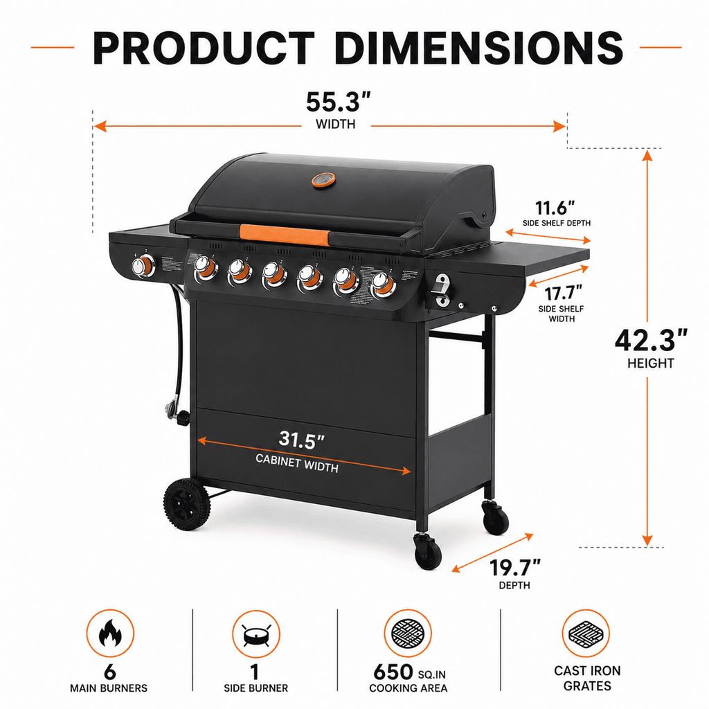 Seizeen 72,000 BTU Powerful Gas Grill, 6-Burner Propane BBQ Grill with Side Burner, w/Cast Iron Grates, Warming Rack, Thermometer Seizeen