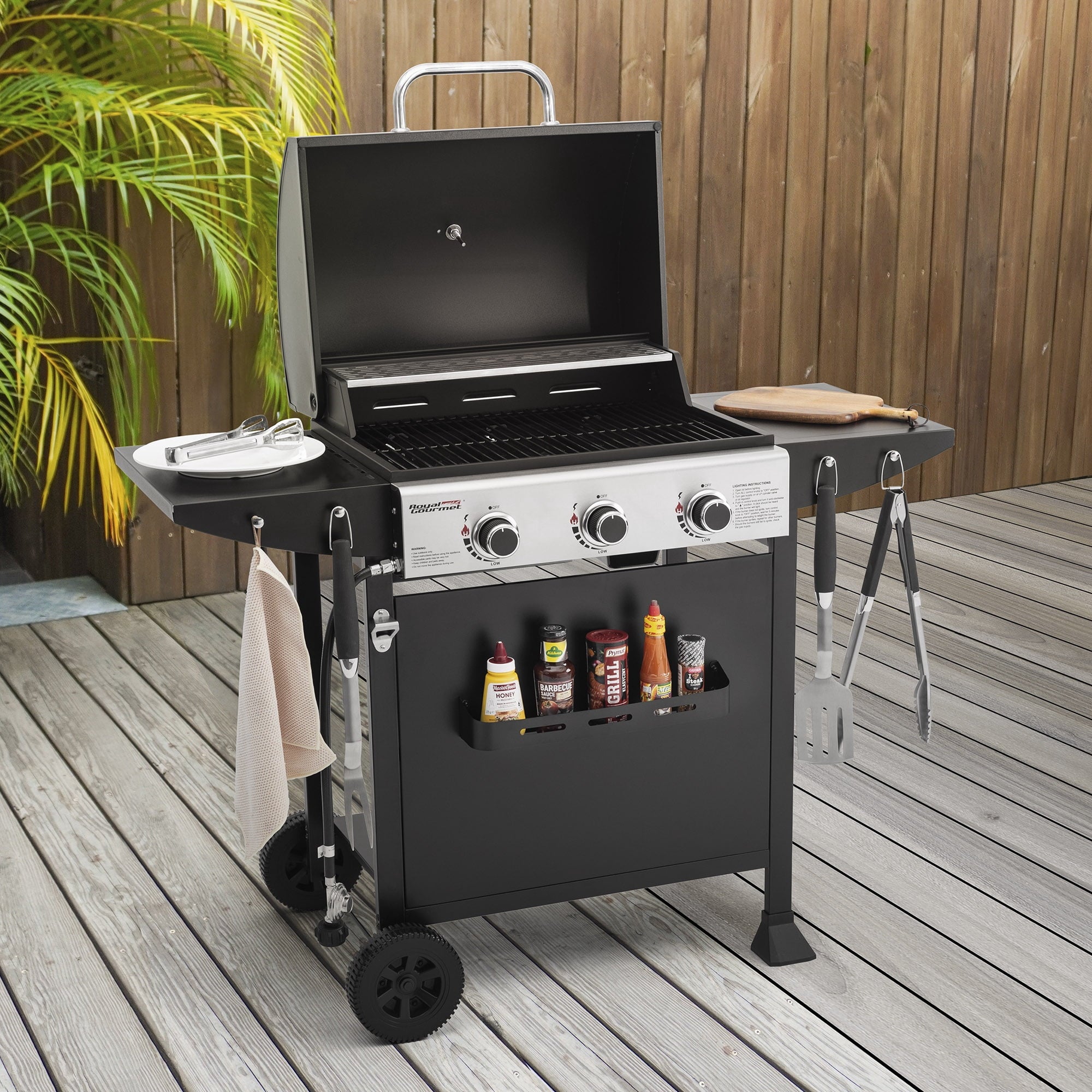 Royal Gourmet 3-Burner BBQ Gas Grill with Front Spice Rack, Two Side Shelves and Hooks, 30,000 BTU, GH3001H Royal Gourmet