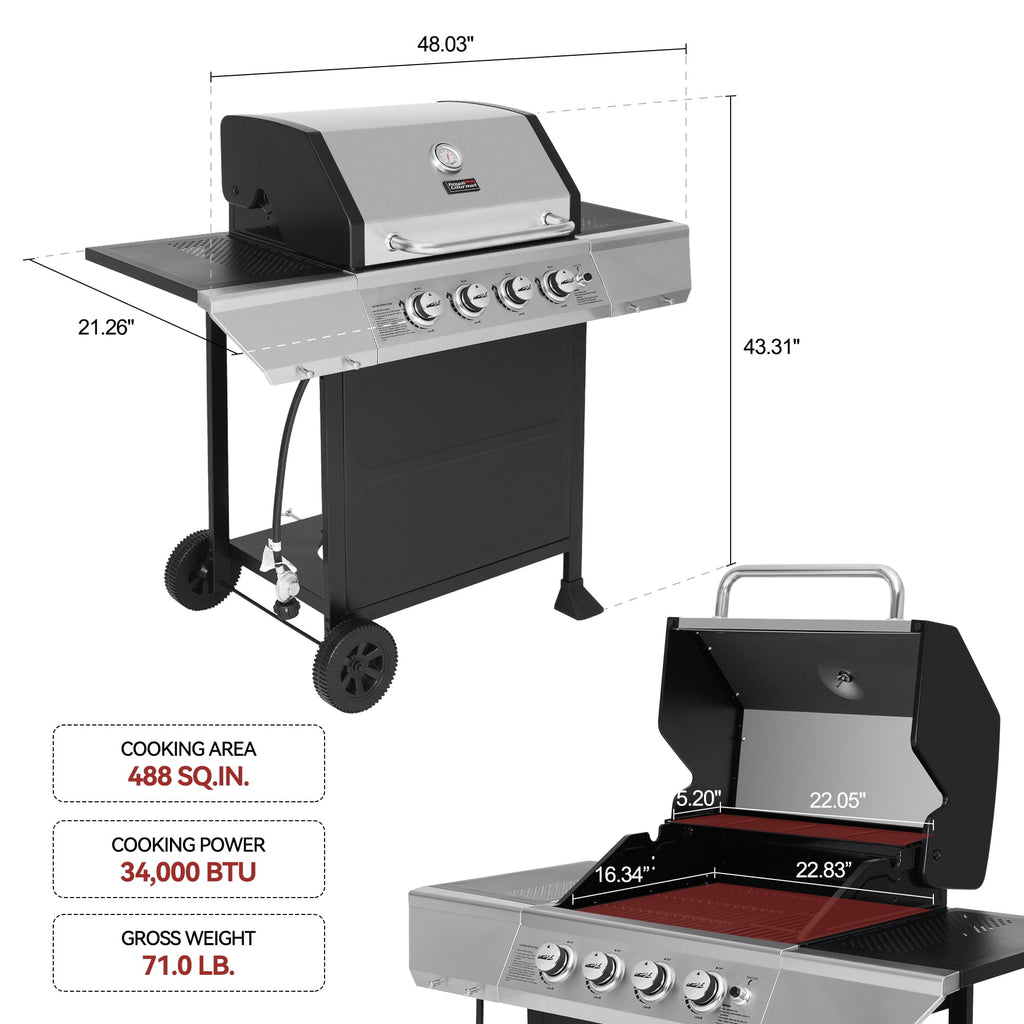 Royal Gourmet SG4003B 4-Burner BBQ Propane Gas Grill, 34,000 BTU for Patio Garden Barbecue Royal Gourmet