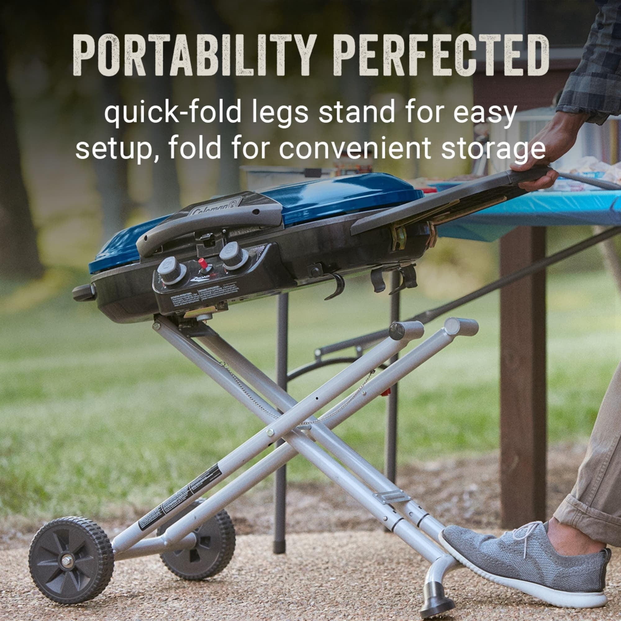 Coleman RoadTrip X-Cursion 2 Burner Propane Grill for Outdoor Camping and BBQ, Stand Up Grill, Blue Gas Grills