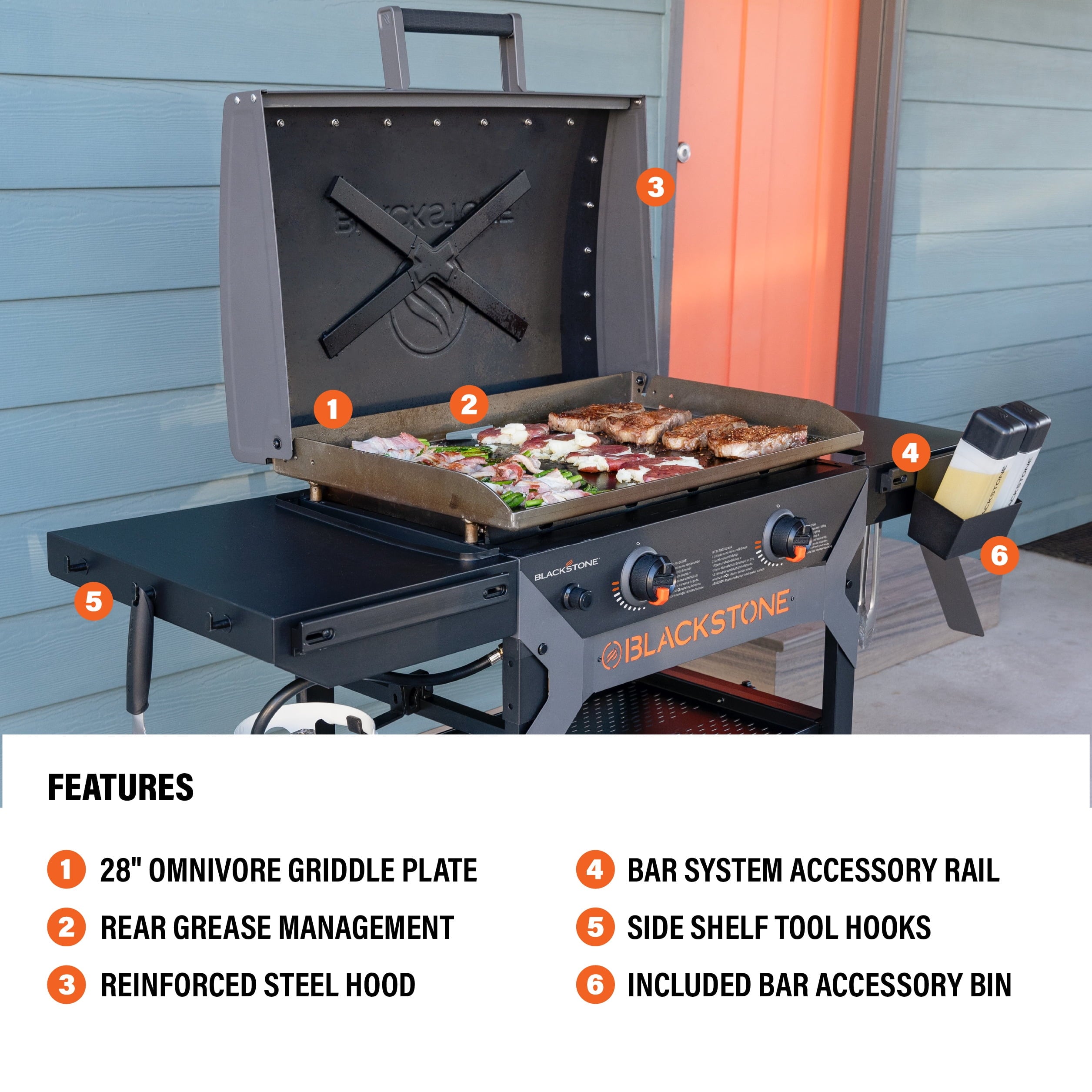 Blackstone 28 Propane Griddle Grill 2311 - Portable Outdoor Flat Top for Cooking with X-Braced Hood & Durable Powder Coated Steel - Iron Forged Omnivore Griddle Blackstone