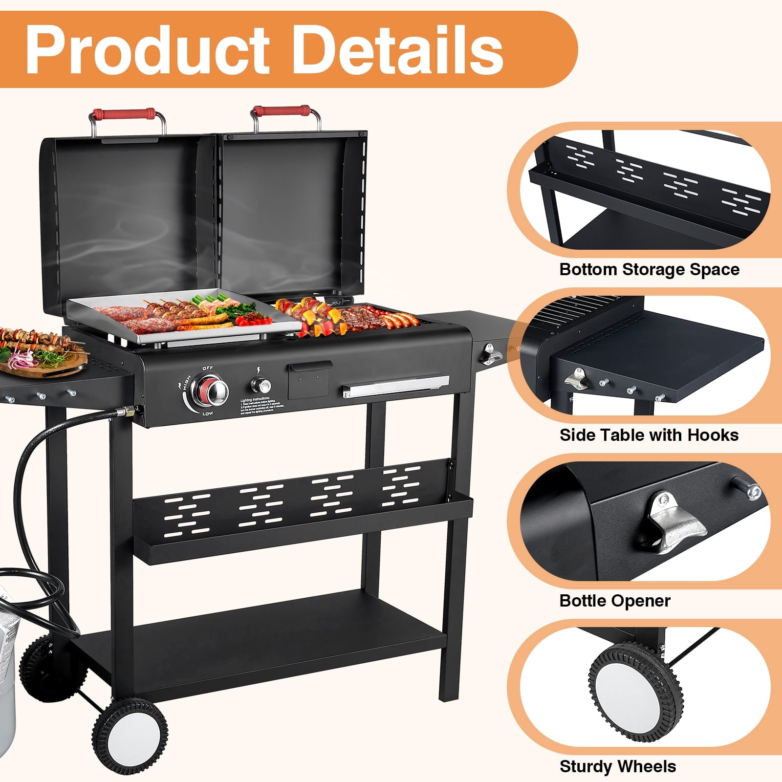 SIXDAY Dual Fuel Charcoal and Propane Grill Combo with Dual Lids, 12000 BTU Outdoor BBQ Grill with 2 Side Shelves for Backyard Cooking Gas Grills