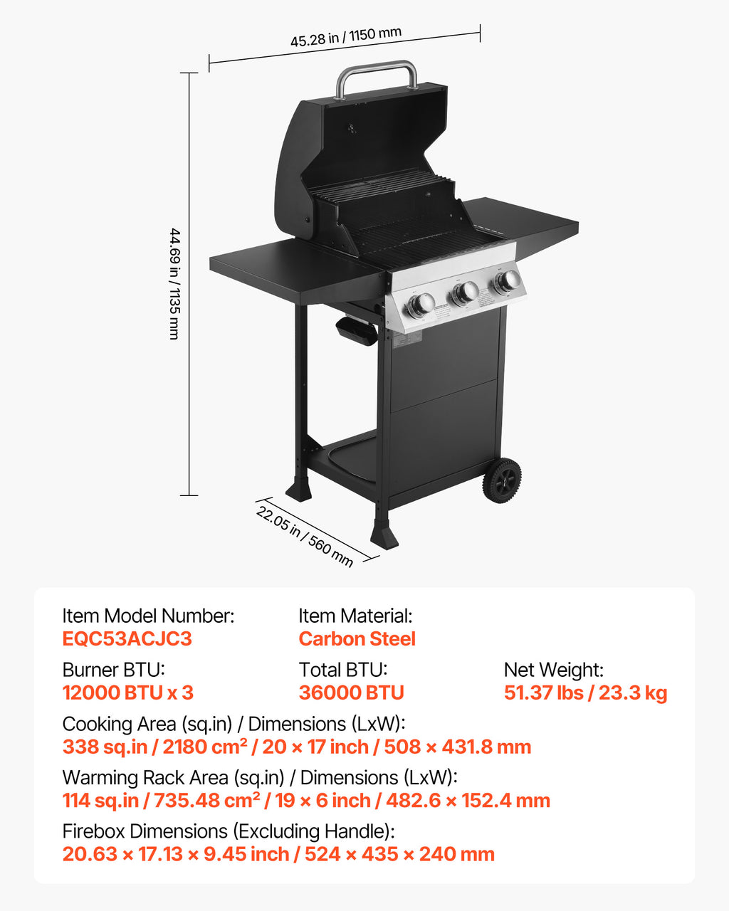 VEVOR Gas Grill, 3 Burner Propane Gas Grill with Spacious 338 SQ.In Grilling Area, Carbon Steel Enamel Grates, Outdoor 36,000 BTU Patio Garden BBQ Grills with Foldable Side Shelves, Carbon Steel VEVOR