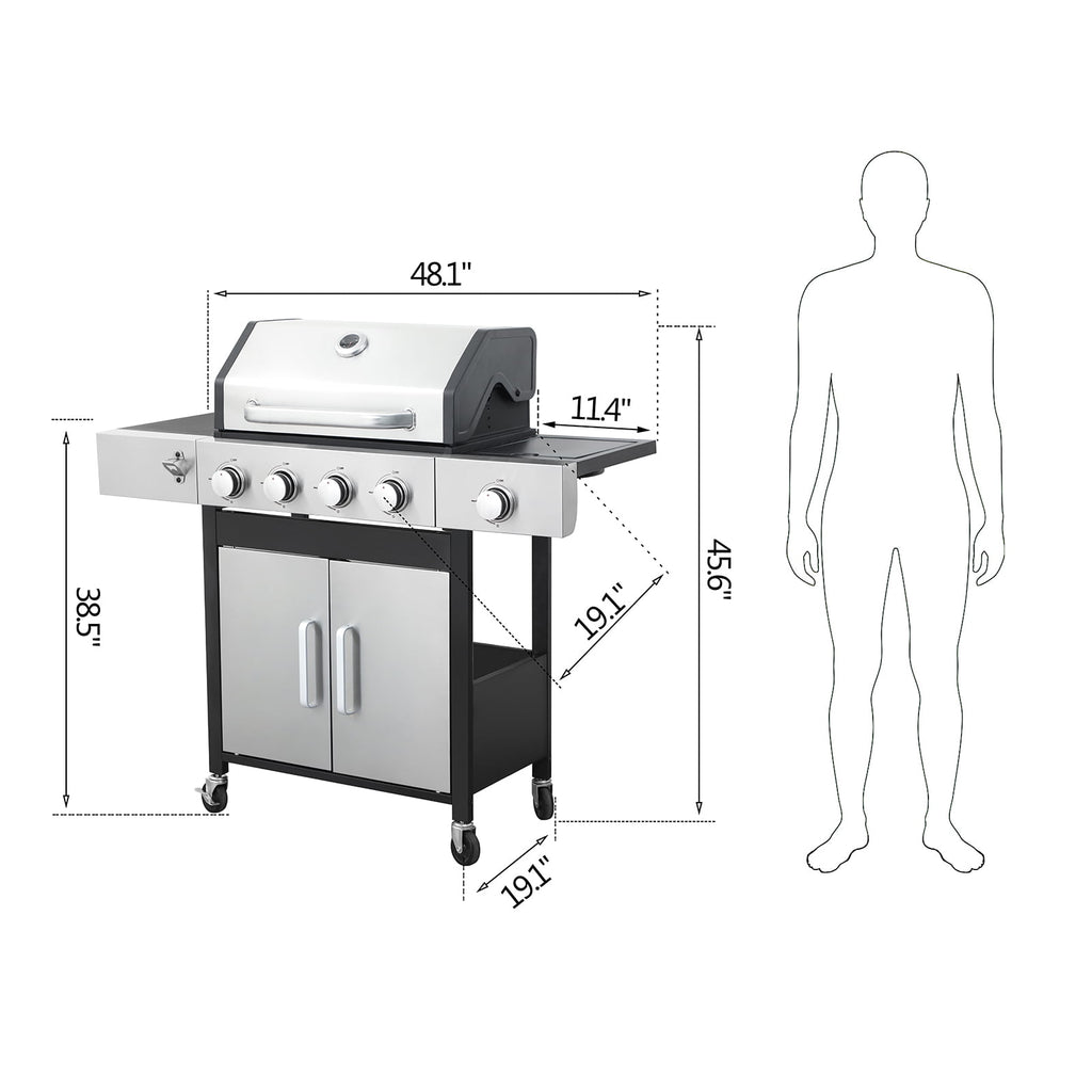 Stainless Steel Portable 4-Burner Propane Gas Grill, 46790BTU Output with bottle opener and 2pcs hooks, Stainless Steel for Outdoor Barbecue HZWDD