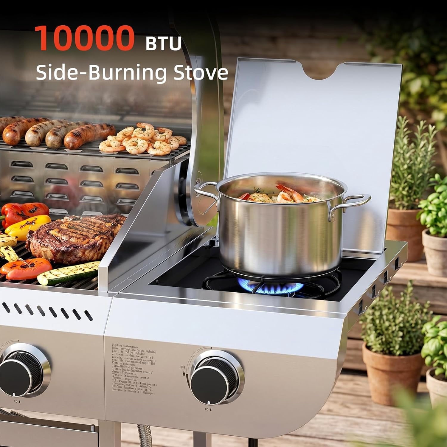 42000 BTU 4-Burner Stainless Steel Gas Grill, BBQ Grill with Side Burner & Enameled Cast Iron Grates, Pull-Out Oil Tray for Outdoor Backyard WAA