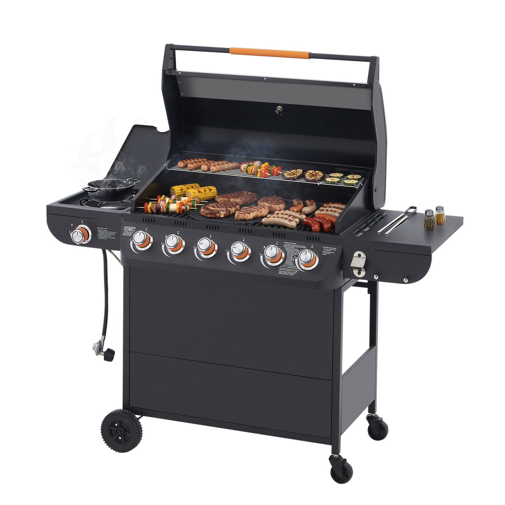 Noble House Professional 6-Burner Propane Gas Grill with Side Burner, Steel BBQ Grill with Cast Metal Grates, Black Noble House