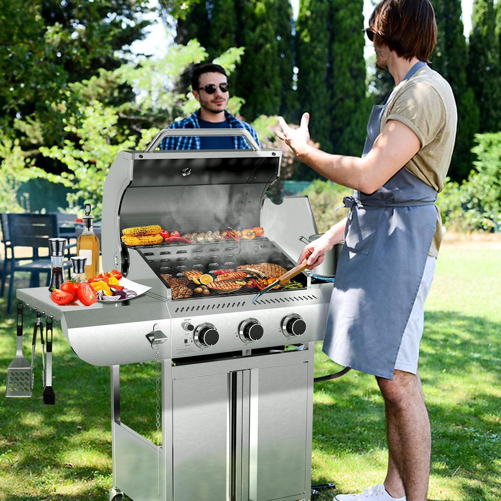 LHRIVER Stainless Steel BBQ Grill, 3 Burner Propane Gas Grill with Side Burner  for Outdoor Cooking Patio Backyard Gas Grills
