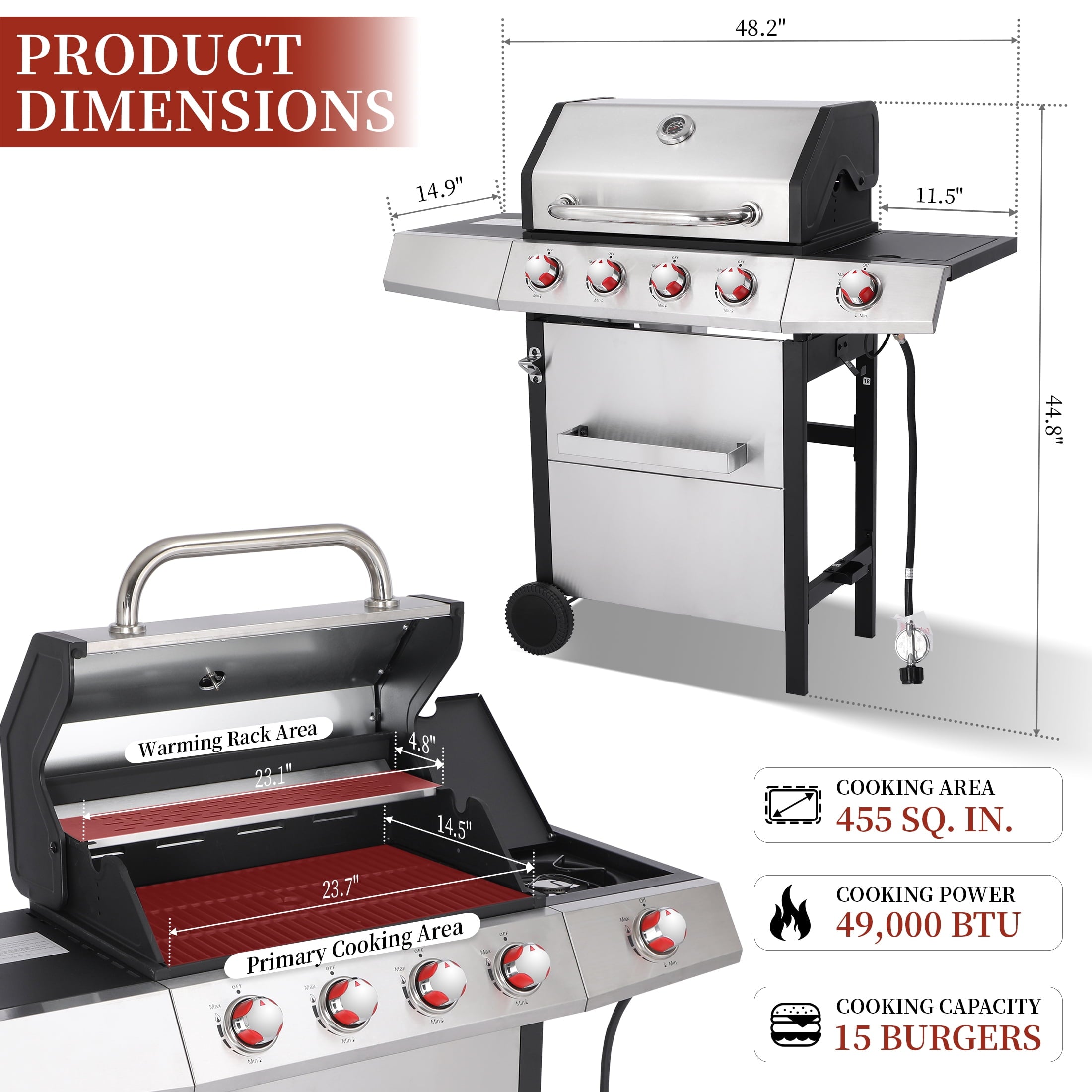 CIG GARDEN 4 Burner Gas Grill Combo with Side Burner, 3 in 1 Gas BBQ Grill with Charcoal Grill and Griddle, 52,000 Outdoor Barbecue Grill CIG GARDEN