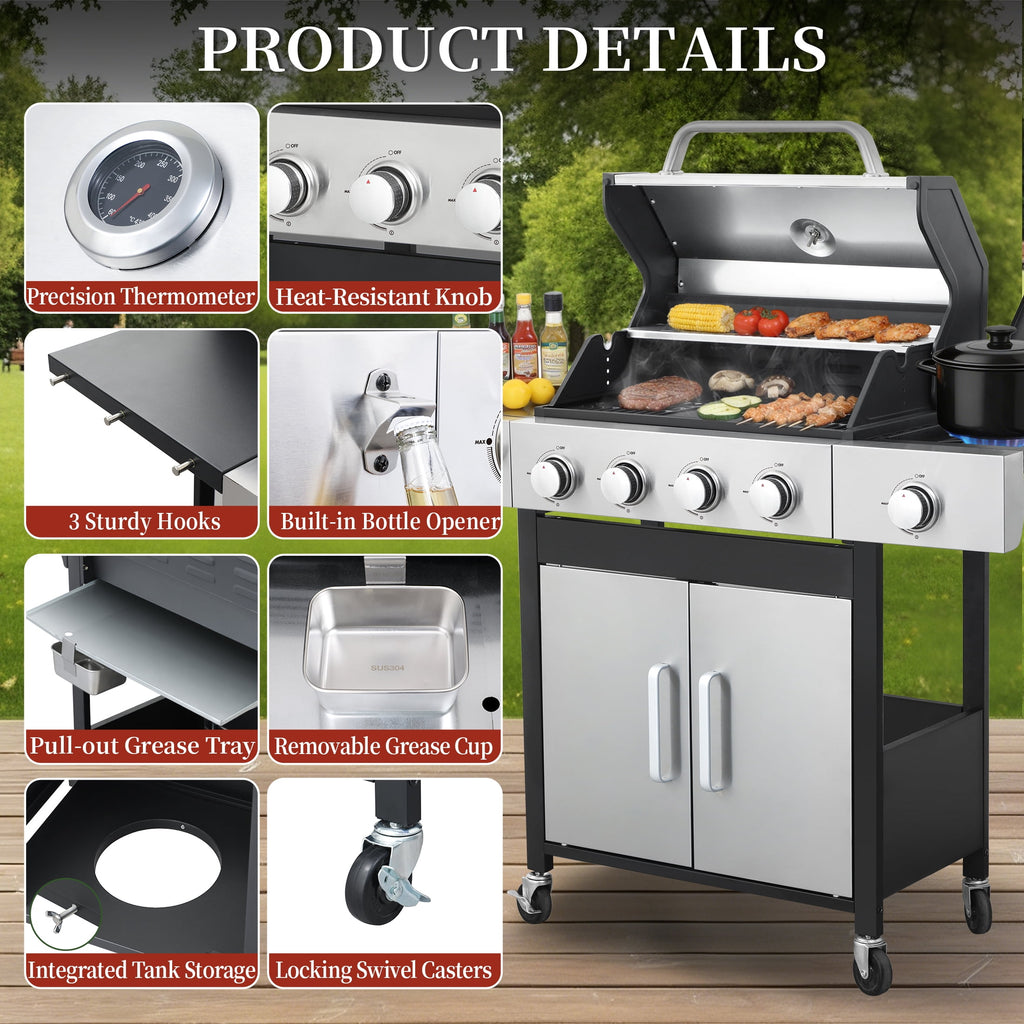 CIG GARDEN 4-Burner Propane Gas Grill and Griddle Combo with Side Burner, Cast Iron Grates, and Double-Wall Insulated Lid CIG GARDEN