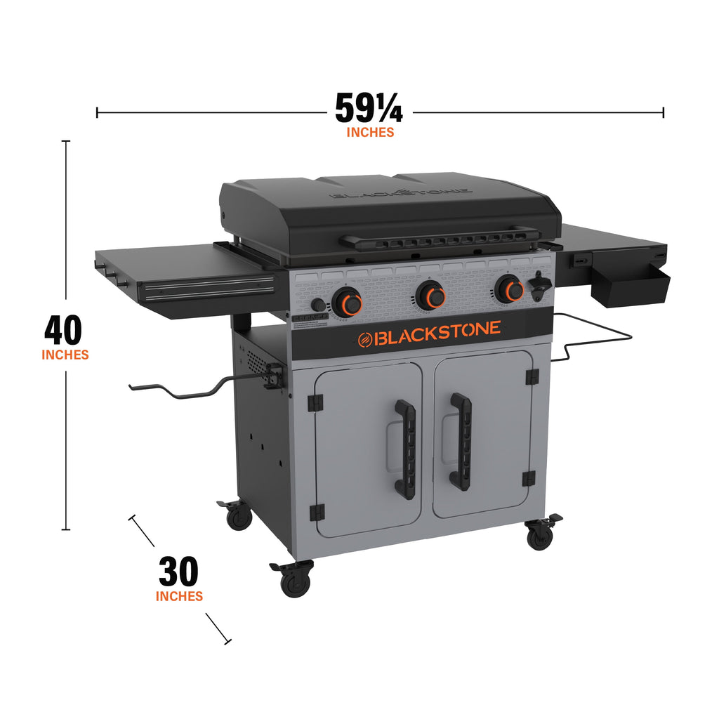 Blackstone Bronco Outdoor Griddle, 3-Burner 28 XL Propane Flat Top Grill with Side Shelves and Cabinet, Gray Blackstone