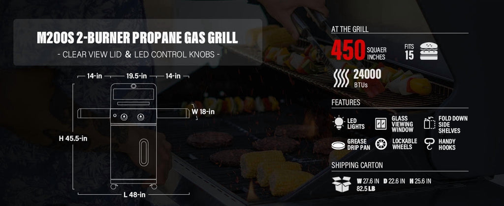 Monument Grills Mesa 2-Burner Propane Gas Grill, Foldable Sides, Swivel Casters, Stainless Steel, LED Controls Gas Grills
