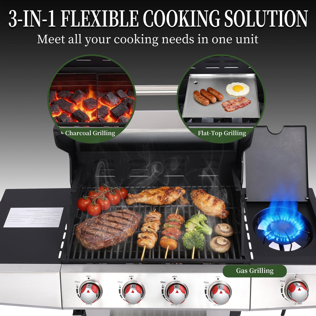 4 Burner Propane Gas Grill Combo w/Side Burner, 3-in-1 BBQ Grill with Charcoal Smoker & Griddle Plate, 46,750 BTU, 448 Sq.In. Stainless Steel Outdoor Cooking Station Nice Cooker