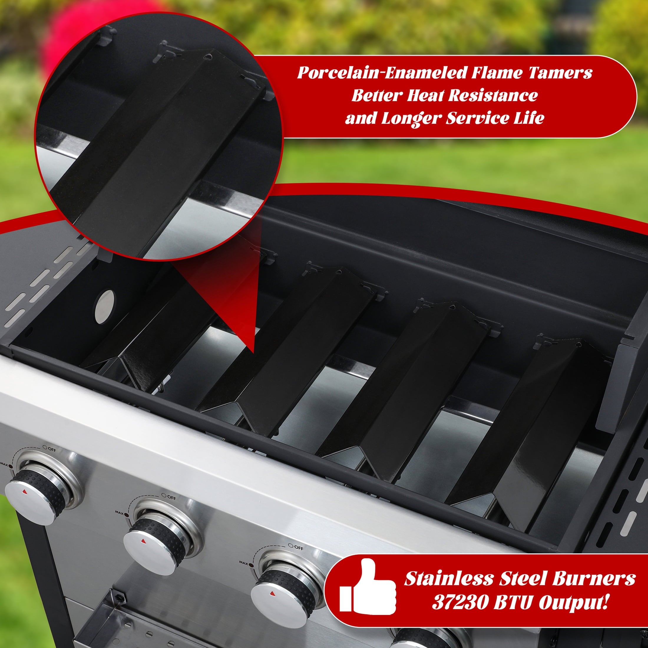 4-Burner Propane Gas Grill - 34,200 BTU BBQ Grill, Stainless Steel Control Panel, Easy Ignition, Temperature Gauge, 2 Enameled Cooking Grids for Backyard BBQ Gas Grills