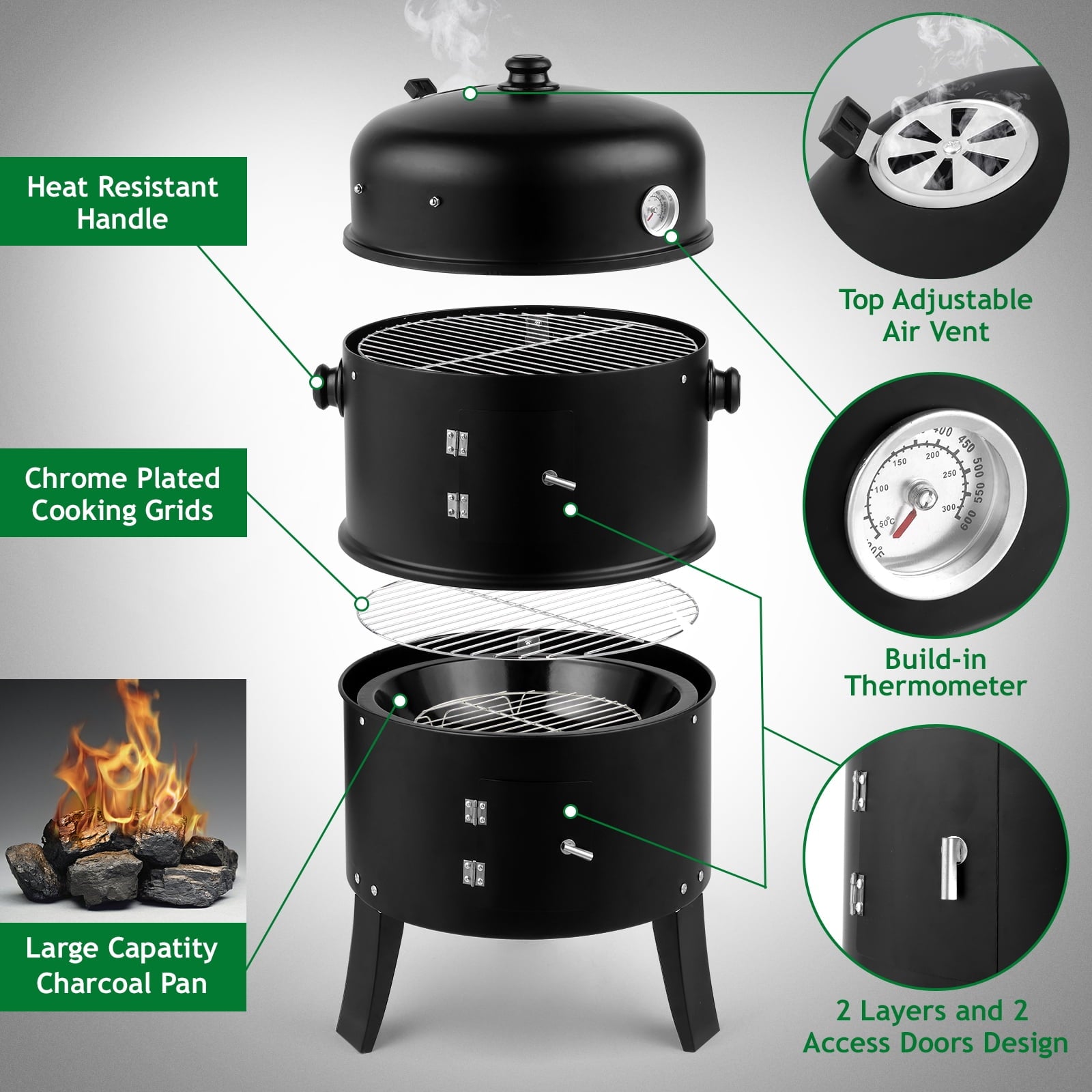 Debonair 3-in-1 Vertical Charcoal Smoker Portable BBQ Smoker Grill with Detachable 2 Layer Debonair
