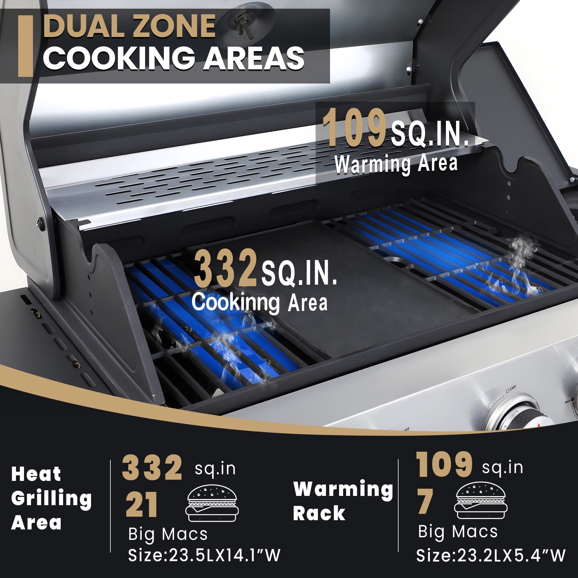 Seizeen 4 Burner Outdoor BBQ Grill with Side Burner, 46,790BTU Propane Gas Grill Stainless Steel, 2-IN-1 Enameled Cast Iron Grid & Frying Plate, High Lid, for Patio and Garden Cooking Seizeen