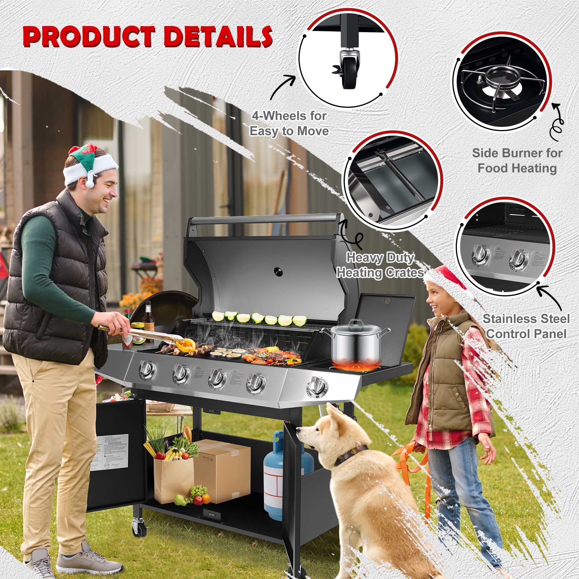50000 BTU Gas Grills, SYNAGR Propane Grill with 566 sq.in Cooking Area, 5-Burner Stainless Steel BBQ Grill with Side Burner and Thermometer for Outdoor Party, Camping Syngar