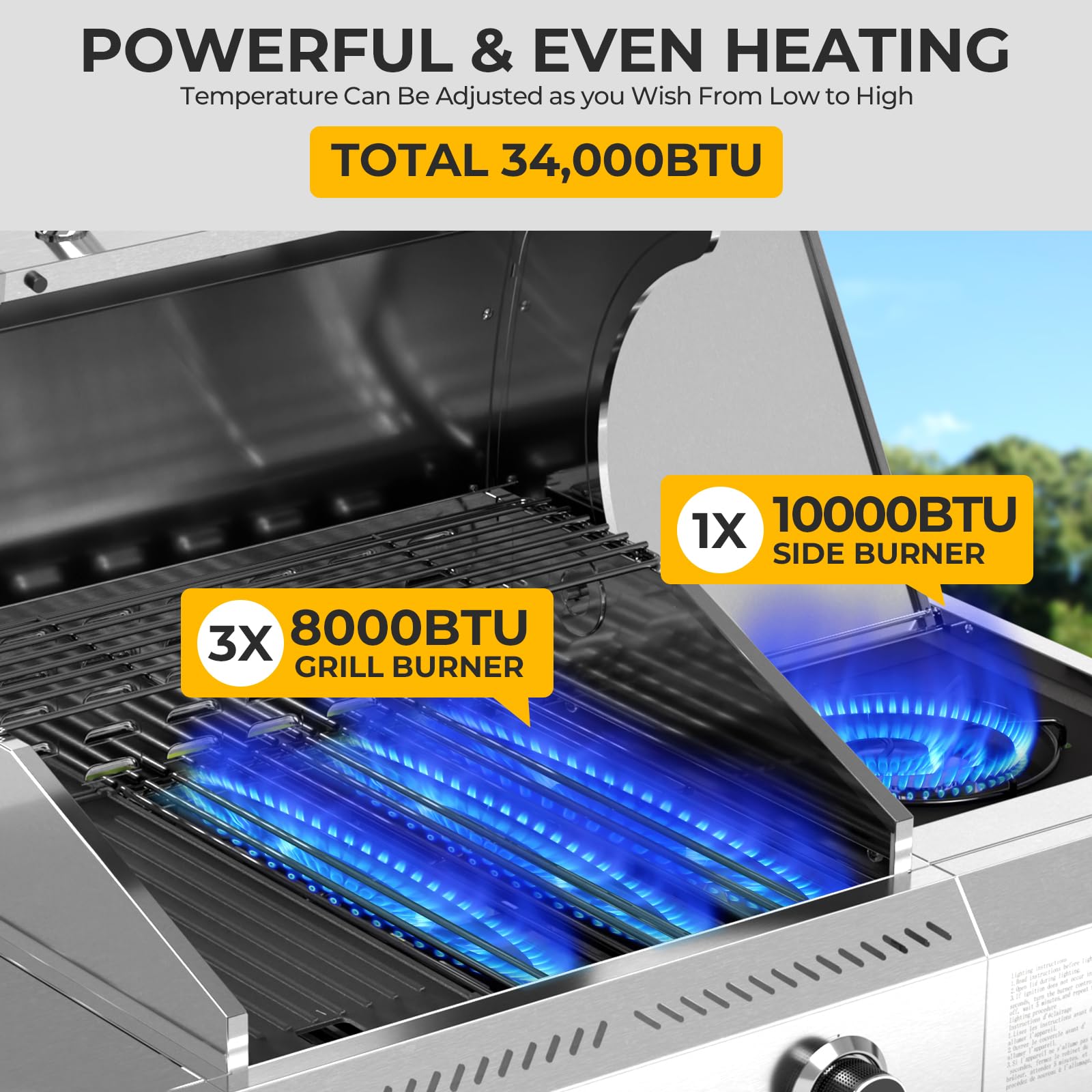 LHRIVER Stainless Steel BBQ Grill, 3 Burner Propane Gas Grill with Side Burner  for Outdoor Cooking Patio Backyard Gas Grills