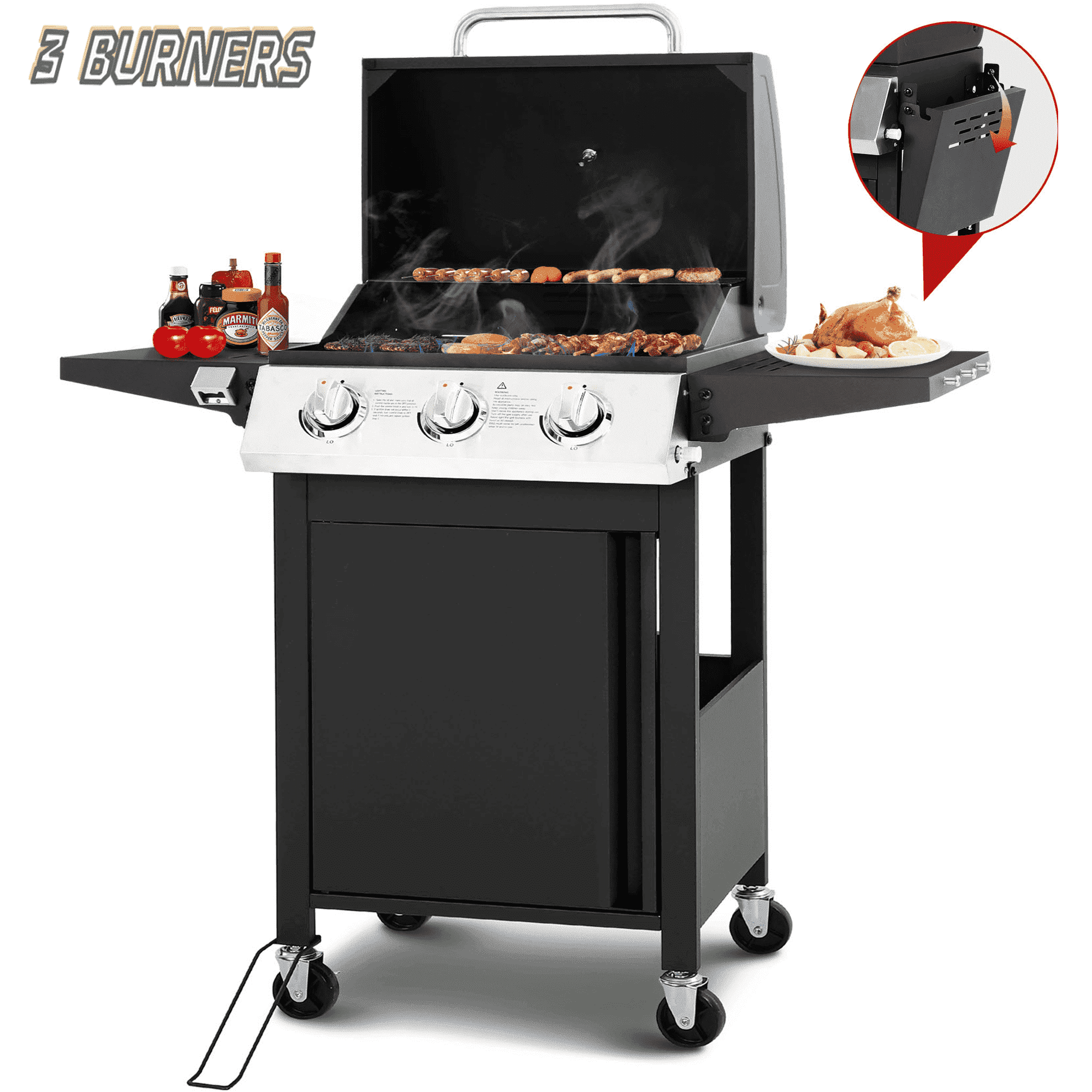 30000 BTU Gas Grill with 4 Universal Wheels, 3 Burners Outdoor BBQ Grill with Steel Brush & Thermometer for Outdoor Camping Gas Grills