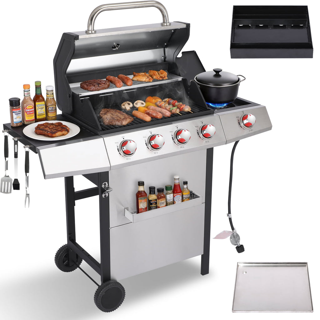 CIG GARDEN 4 Burner Gas Grill Combo with Side Burner, 3 in 1 Gas BBQ Grill with Charcoal Grill and Griddle, 52,000 Outdoor Barbecue Grill CIG GARDEN