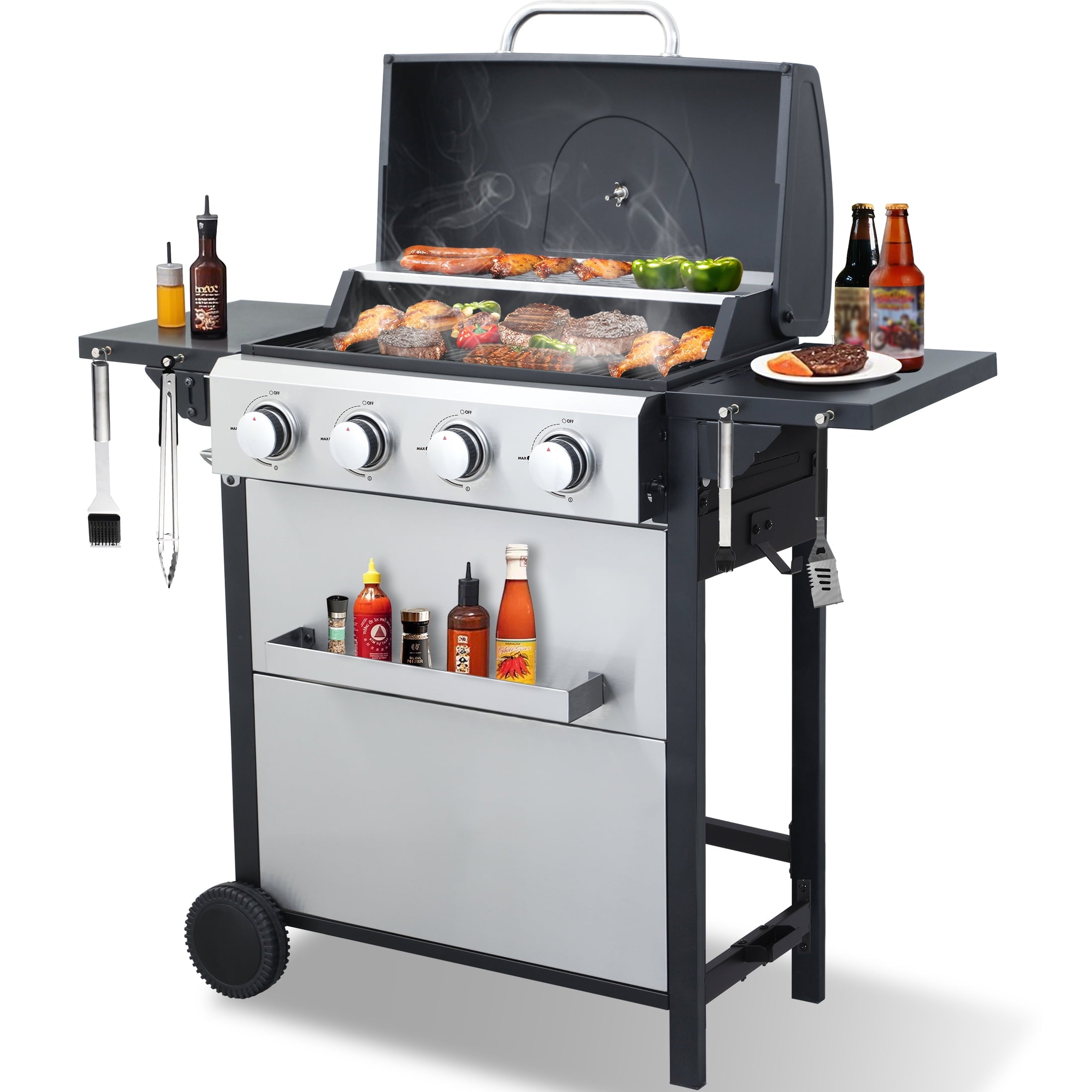 4-Burner Propane Gas Grill - 34,200 BTU BBQ Grill, Stainless Steel Control Panel, Easy Ignition, Temperature Gauge, 2 Enameled Cooking Grids for Backyard BBQ Gas Grills