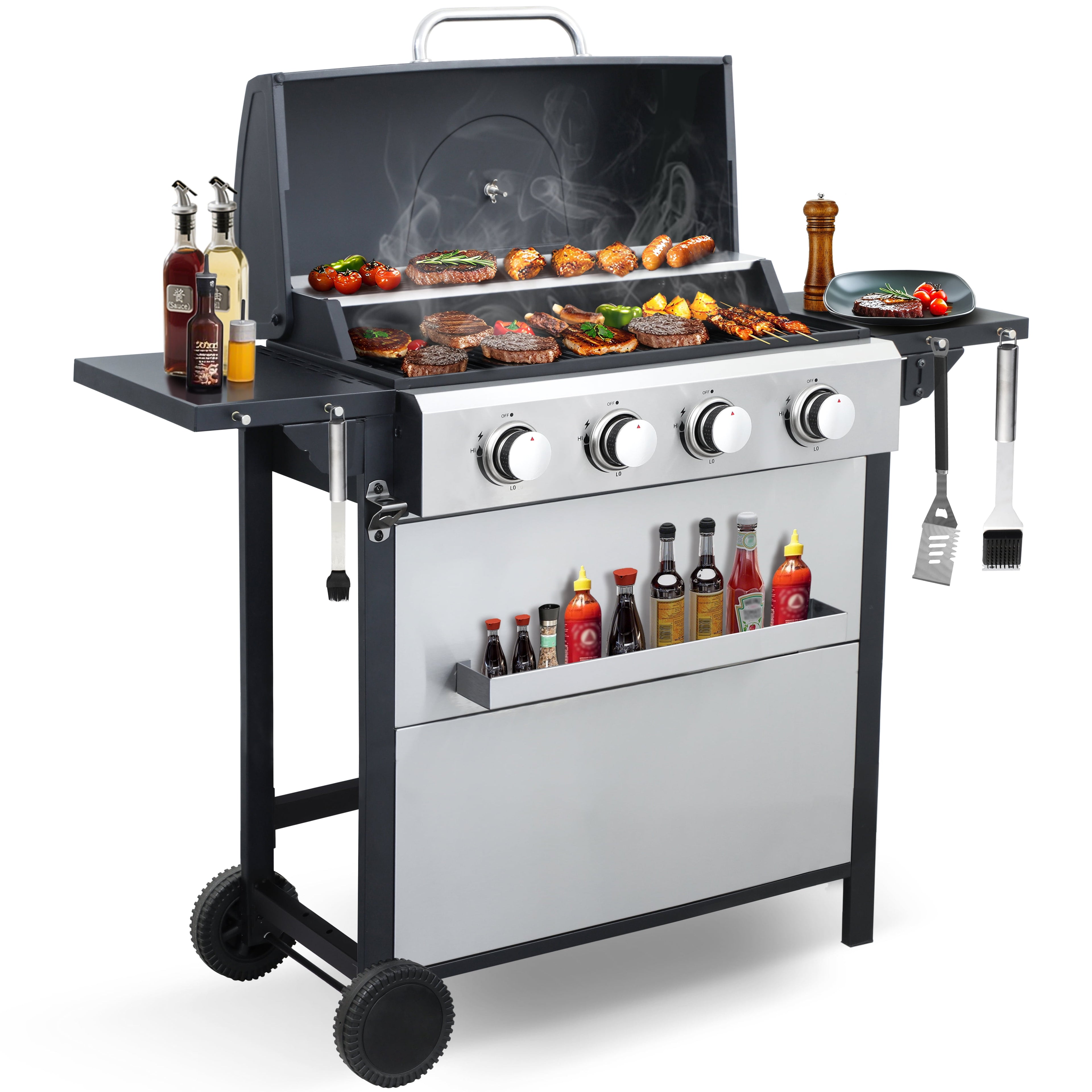 4-Burner Propane Gas Grill – 40,000 BTU Stainless Steel BBQ Grill with Porcelain-Enameled Cooking Grates, Pull-Out Grease Tray & Foldable Side Shelves, Even Heat Distribution Born Free