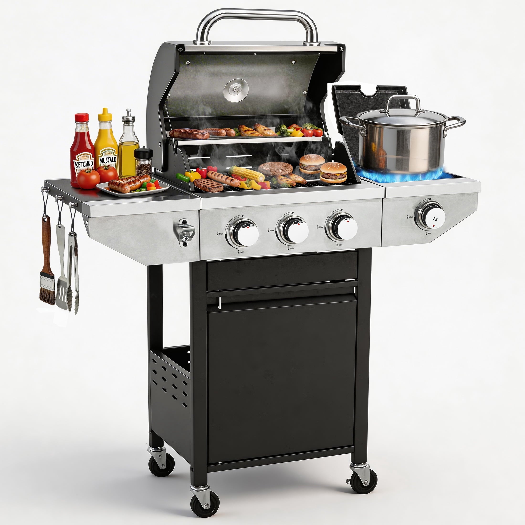Enyopro 3 Burner Propane Gas Grill, 37,000BTU Stainless Steel BBQ Grill with Brush, Built-in Thermometer, 4 Universal Wheels for Outdoor Cooking Patio Backyard Gas Grills